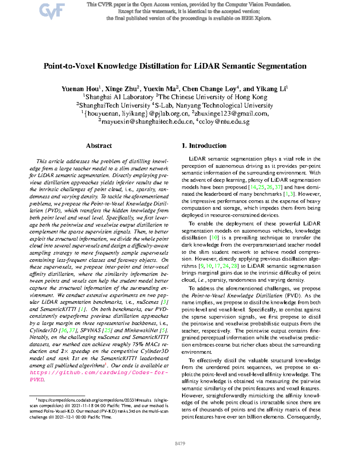 Point-to-Voxel Knowledge Distillation for LiDAR Segmentation (CVPR 2022 ...
