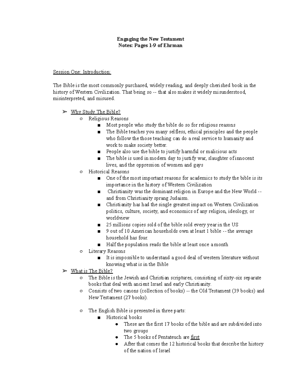 Introduction The Bible - Engaging the New Testament Notes: Pages 1-9 of ...