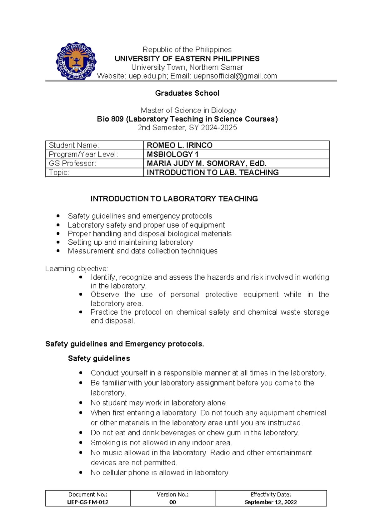 Bio 809: Laboratory teaching safety guidelines and protocols - Studocu
