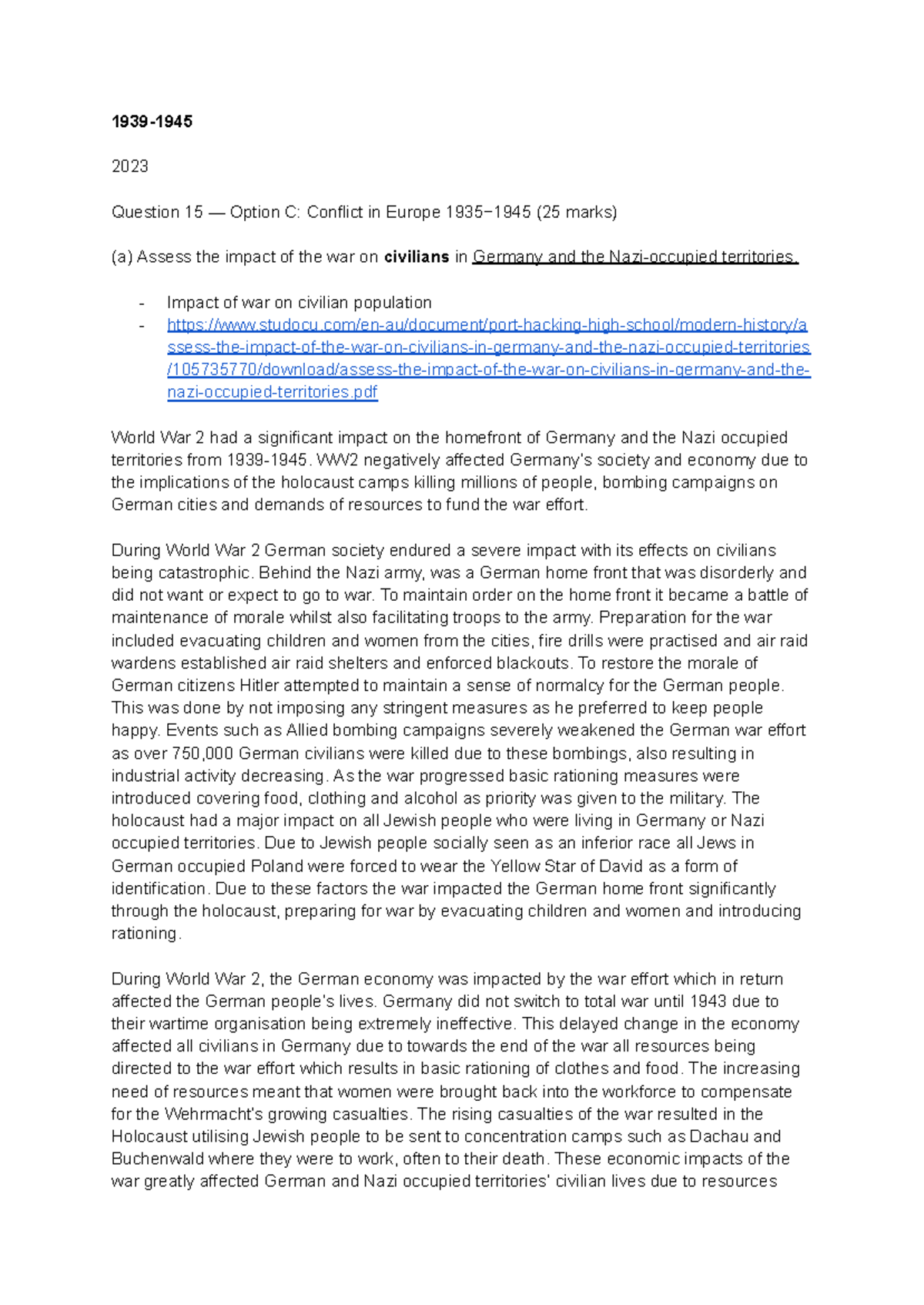 CIE 2023 Exam Essay Notes: Impact of War on Civilians in Europe - Studocu