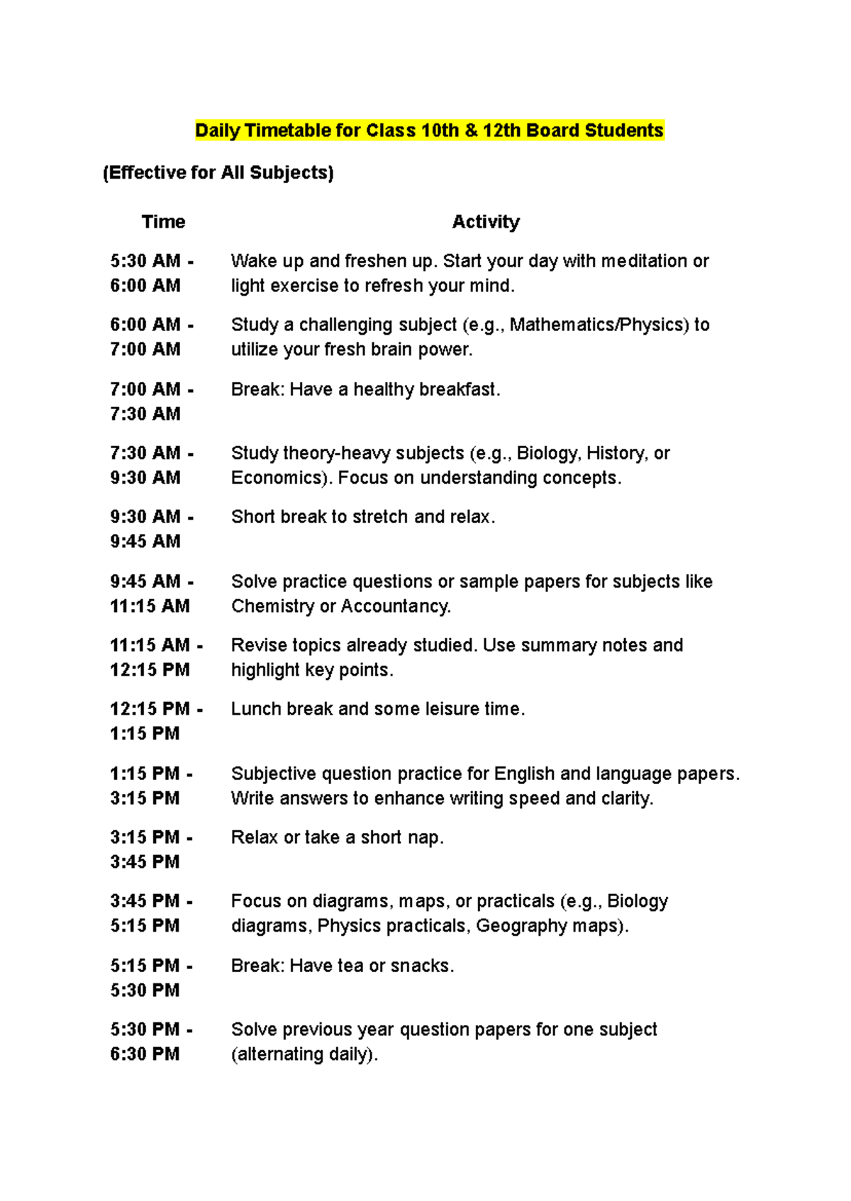 10th 12th Daily Study Timetable For Board Exam Success Studocu