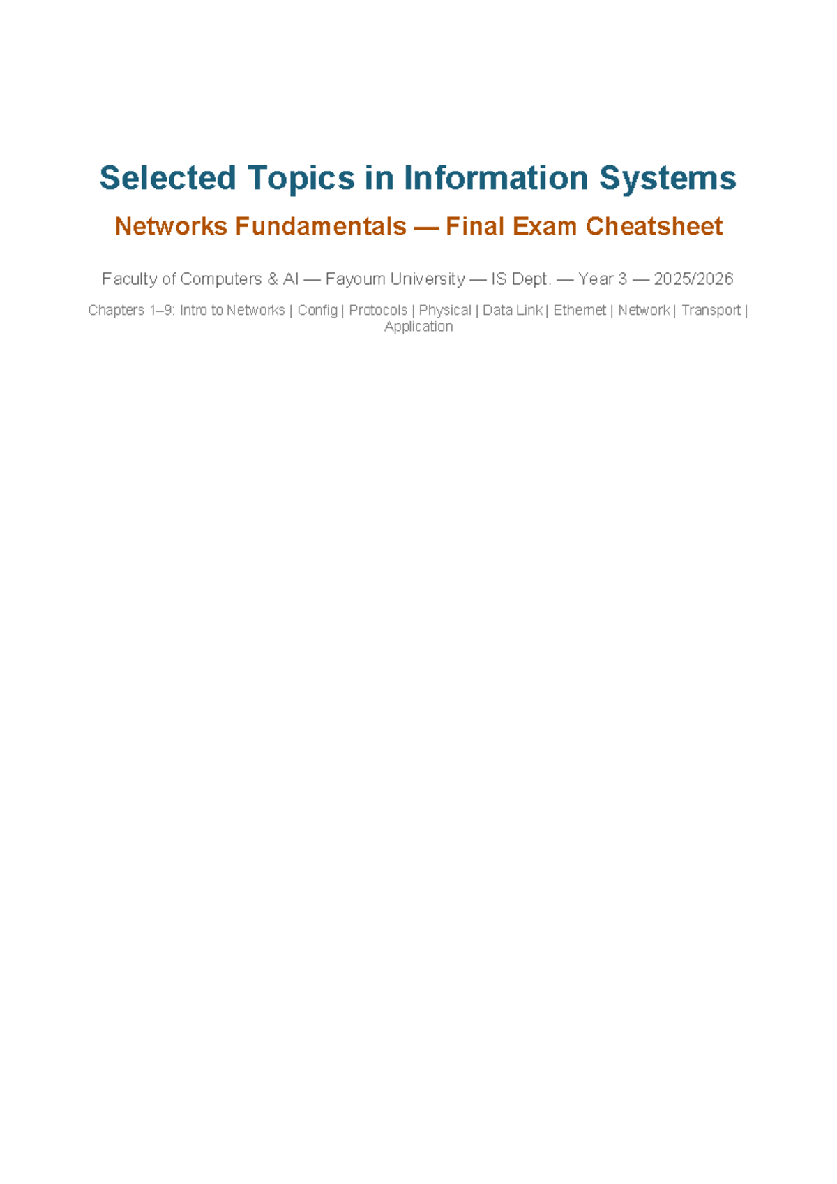 IS 06 Selected Topics in Networks Fundamentals Final Exam Cheatsheet ...