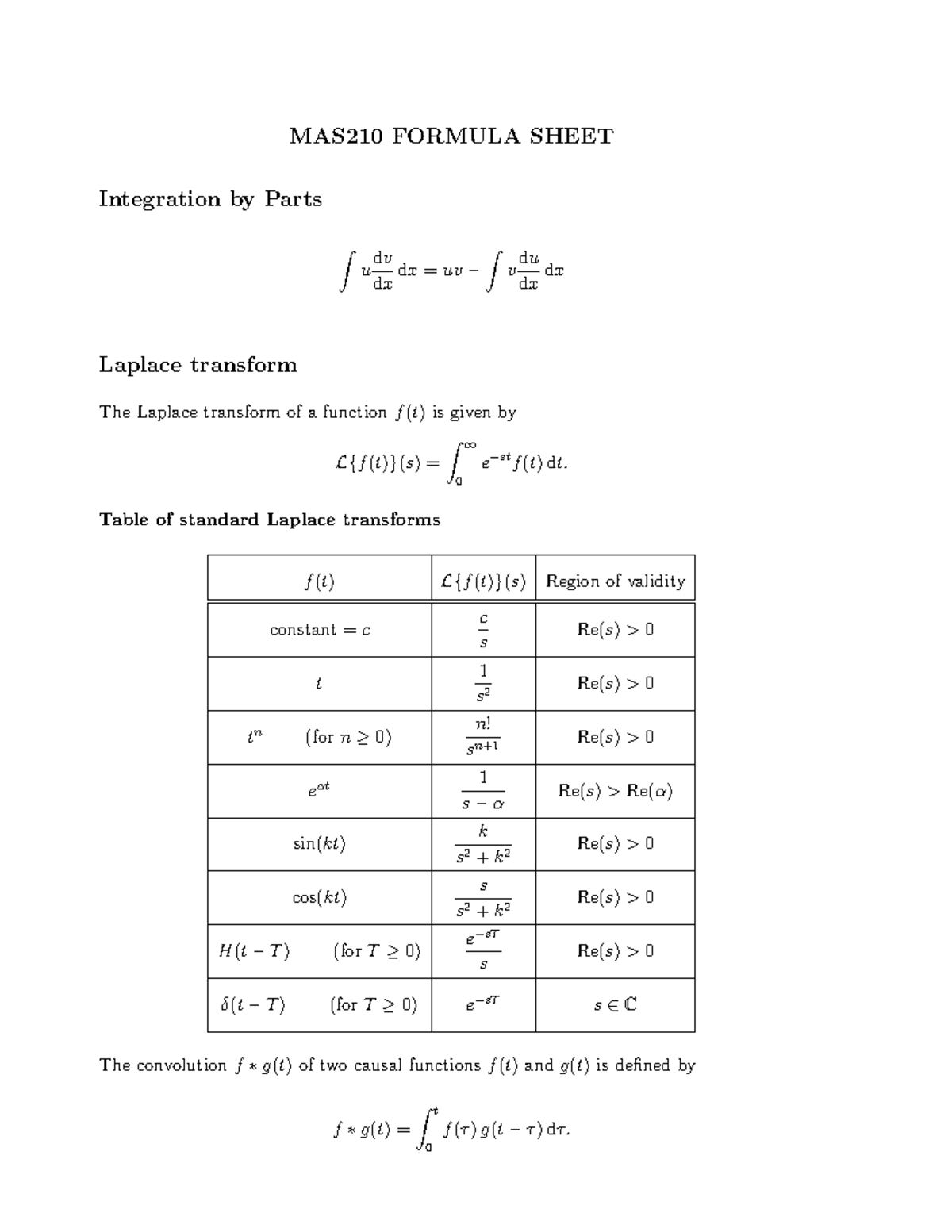 MAS210Formula Sheet - MAS210 FORMULA SHEET Integration by Parts ∫ u dv ...