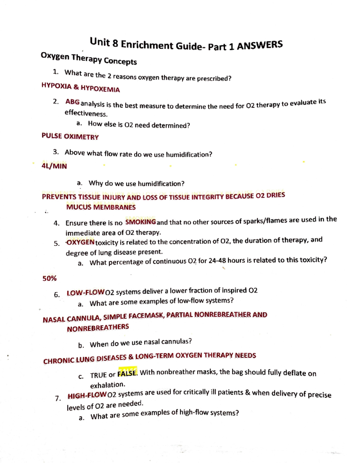 Unit 8 Oxygen Therapy Concepts: Enrichment Guide & Key Answers - Studocu