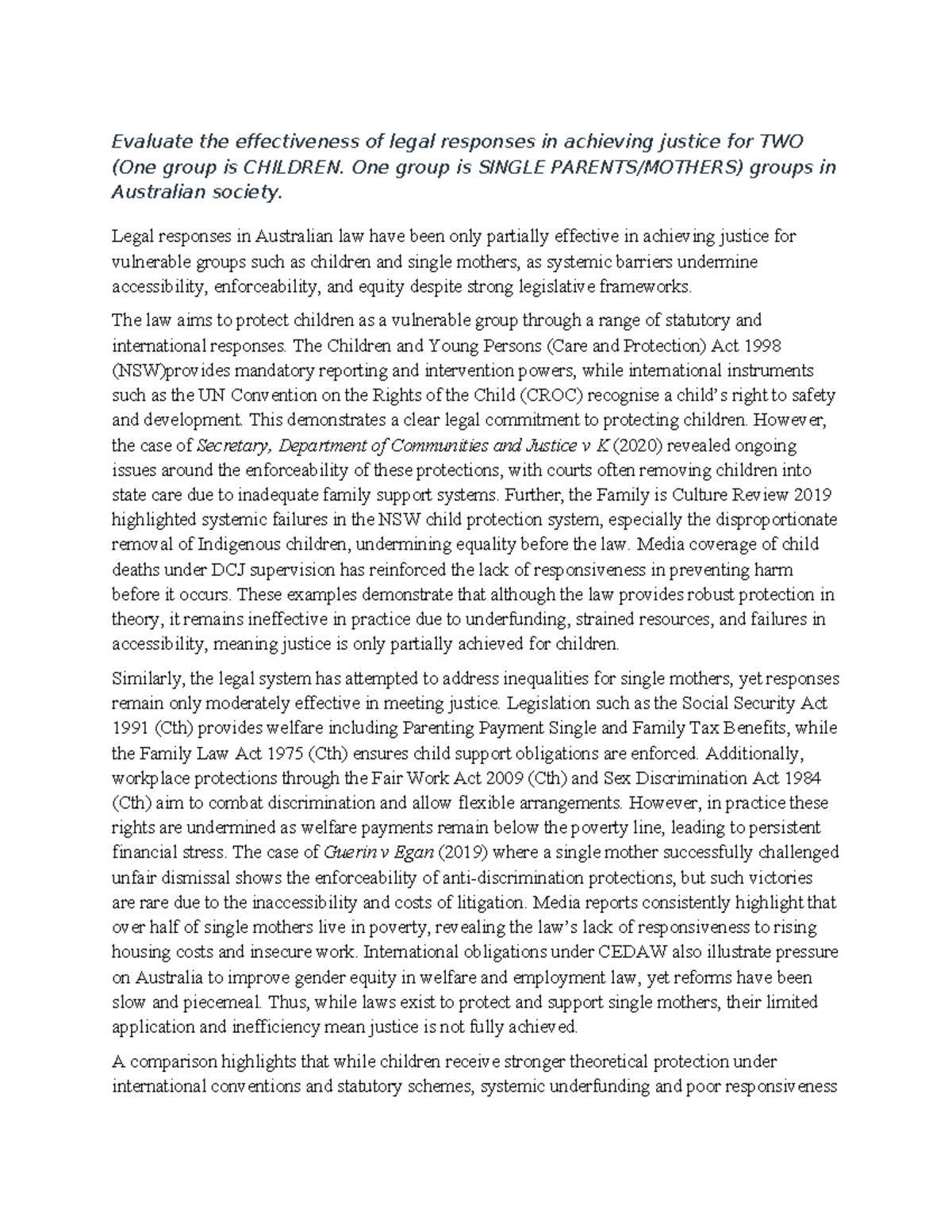 Evaluating Legal Responses in Australia: Justice for Children & Single ...