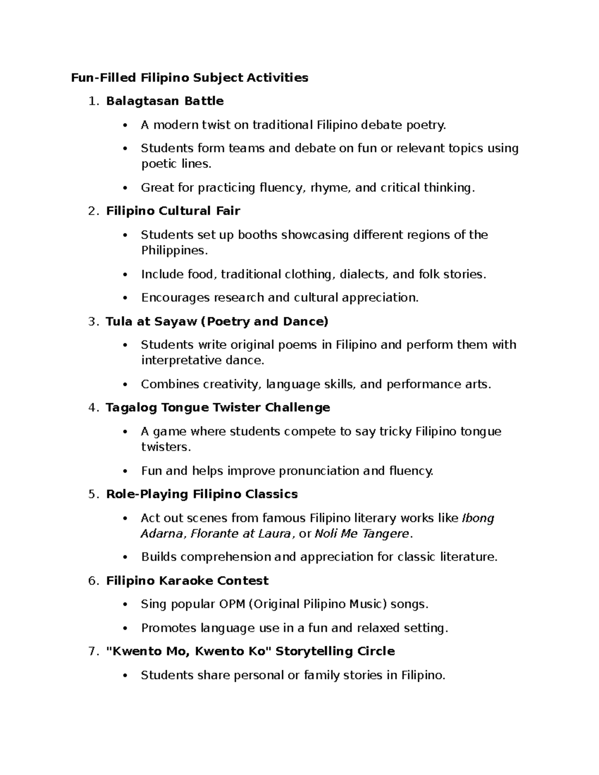 Fun Filled Friday Activities for Filipino Language Learning - Studocu