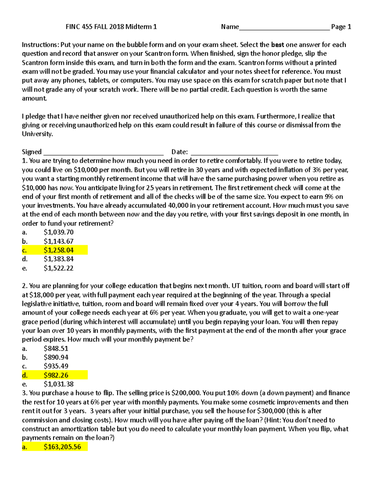 Fin 455 FALL 2018 Exam 1a solution - FINC 455 FALL 2018 Midterm 1 Page ...
