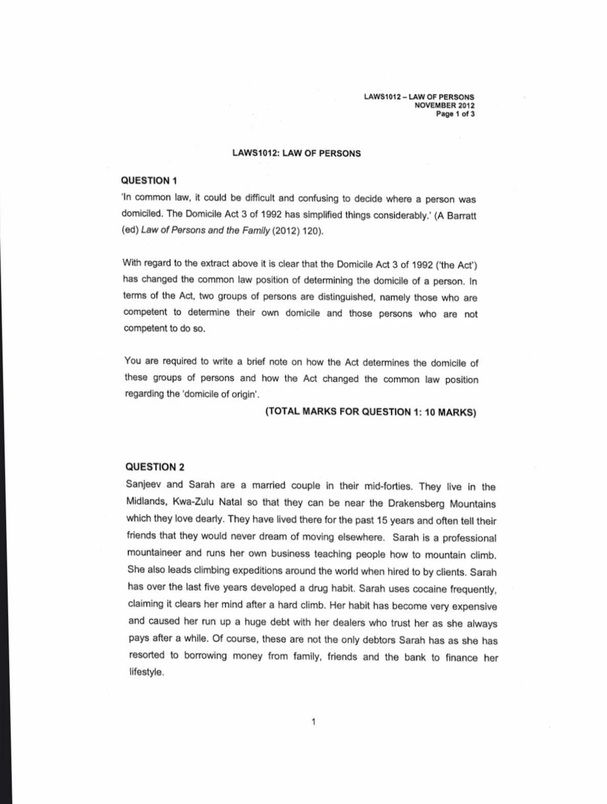 LAWS1012 LAW OF PERSONS DEC 2012 SUPPLEMENTARY EXAM PRACTICE PAPER ...