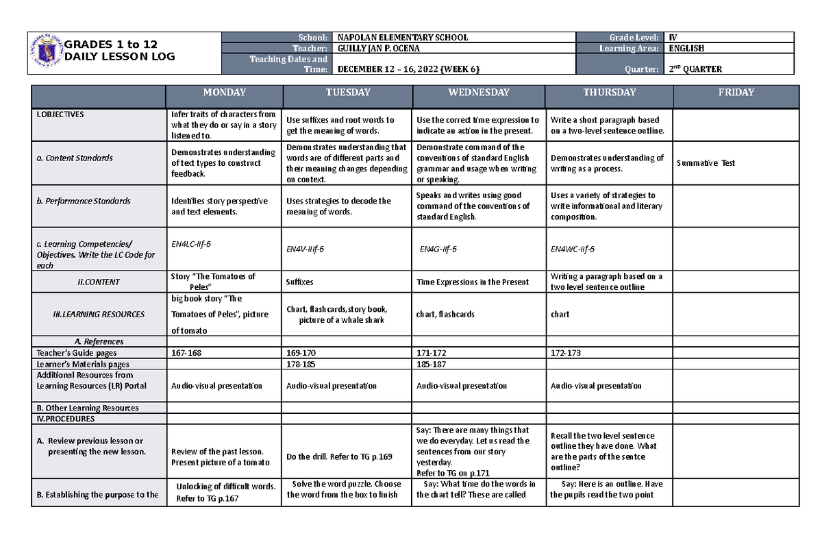 DLL English 4 Q2 W6 - hell - GRADES 1 to 12 DAILY LESSON LOG School ...