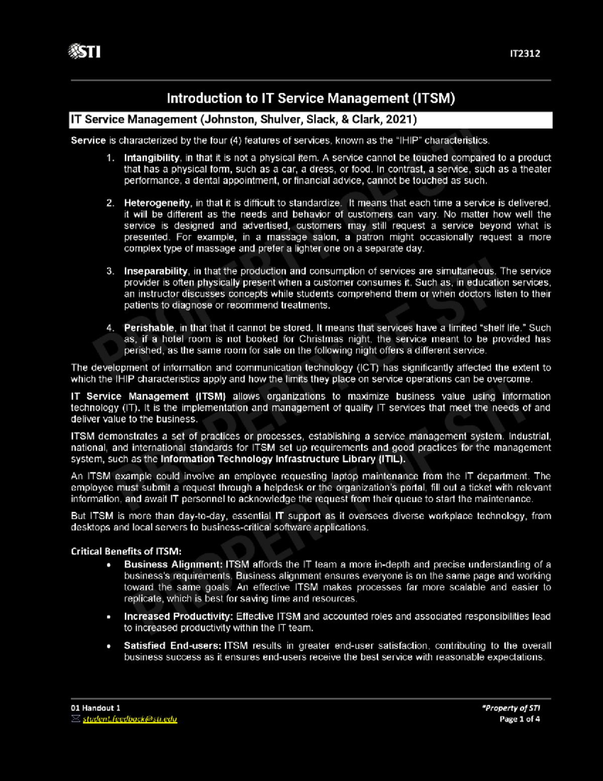 STI IT2312 Final Exam Notes on IT Service Management (ITSM) - Studocu