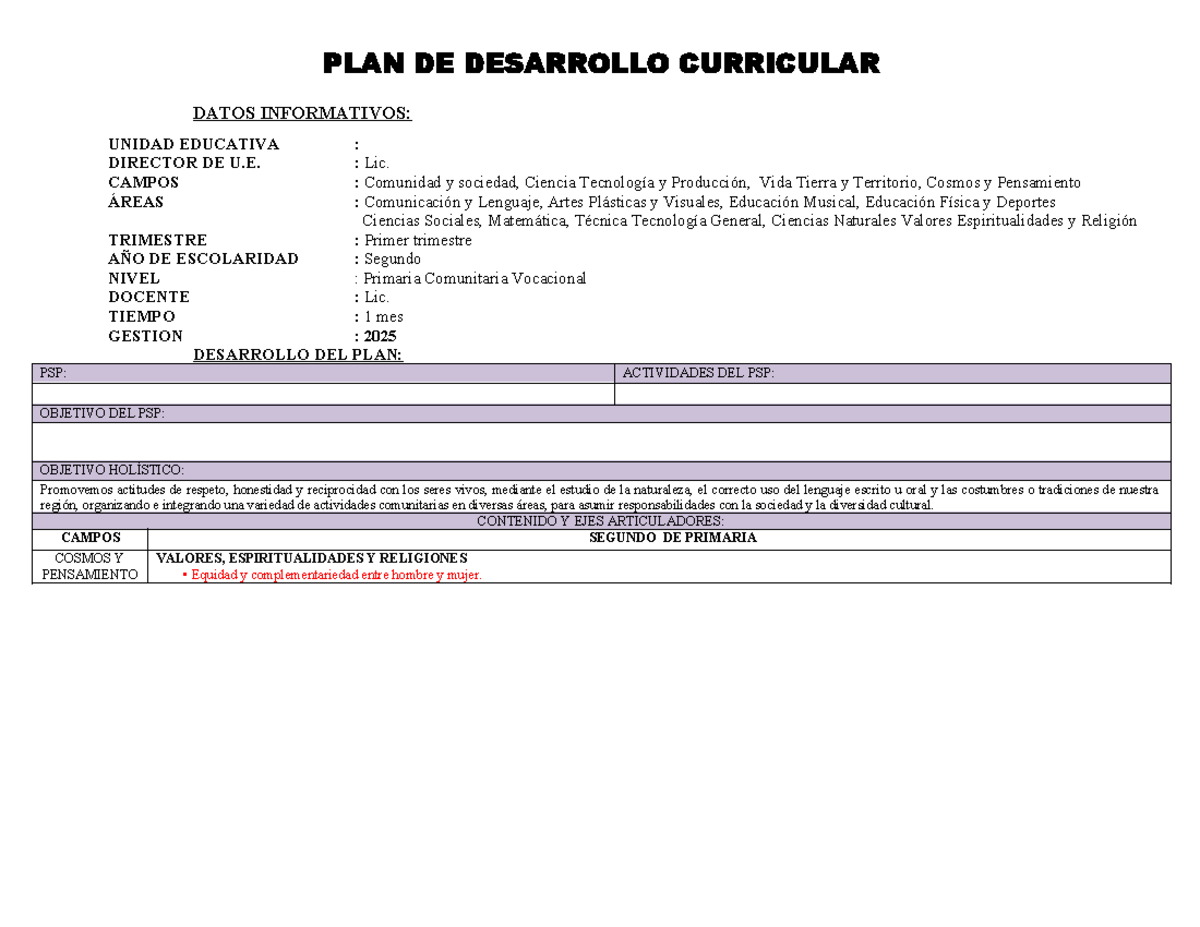 Plan de Desarrollo Curricular 2do Primaria - 1er Trimestre 2025 - Studocu