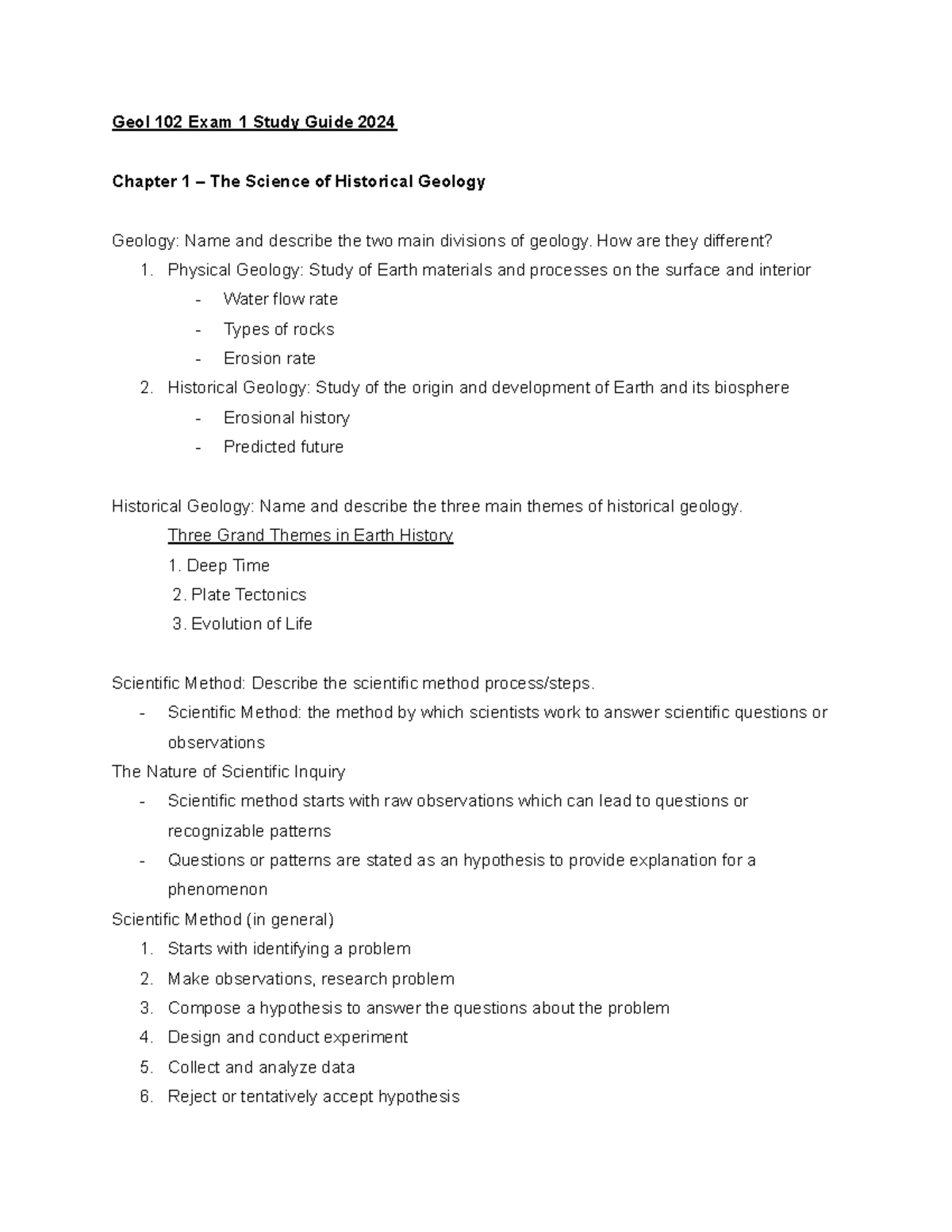 Geol 102 Exam 1 Comprehensive Study Guide for 2024 - Studocu