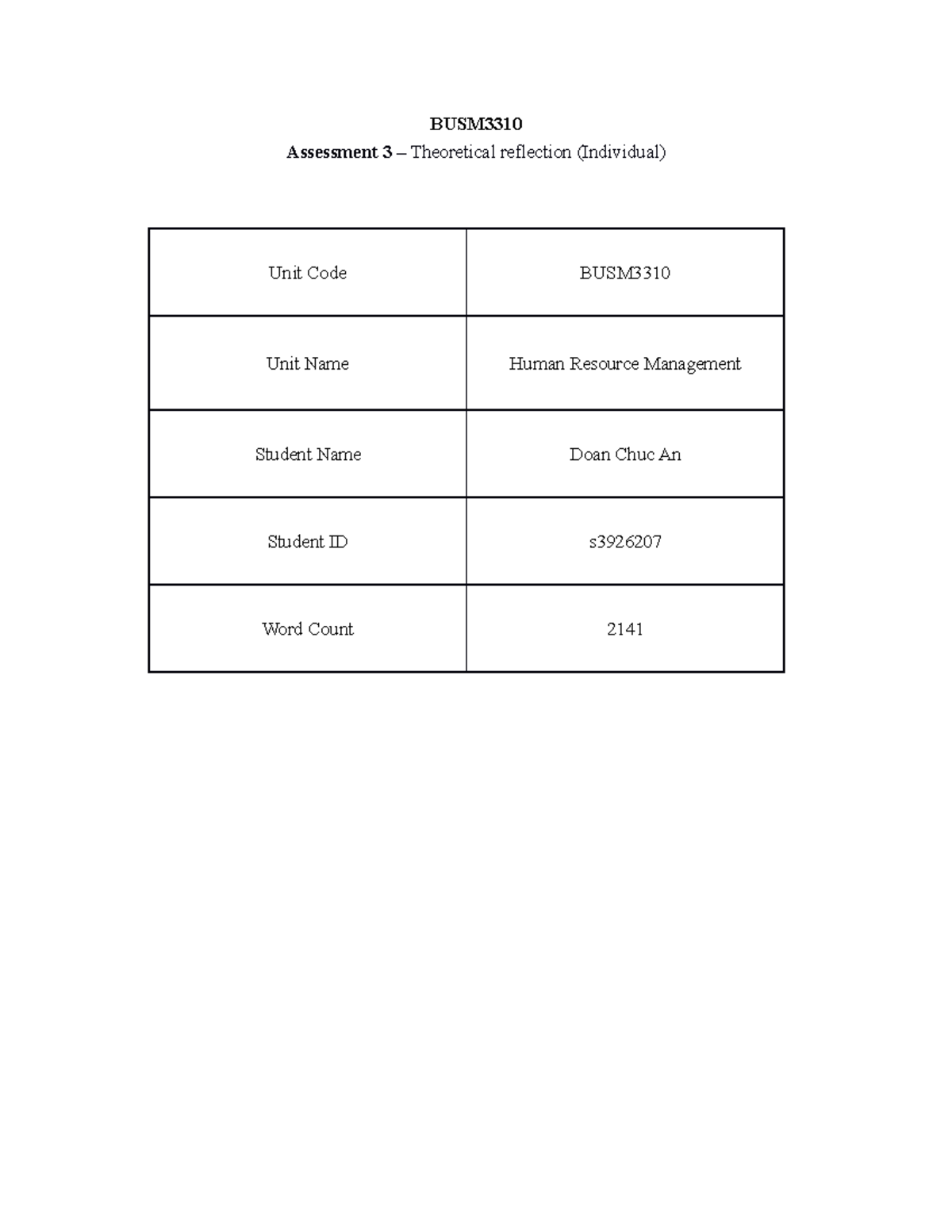 Assignment 3 - Theoretical Reflections in Human Resource Management ...