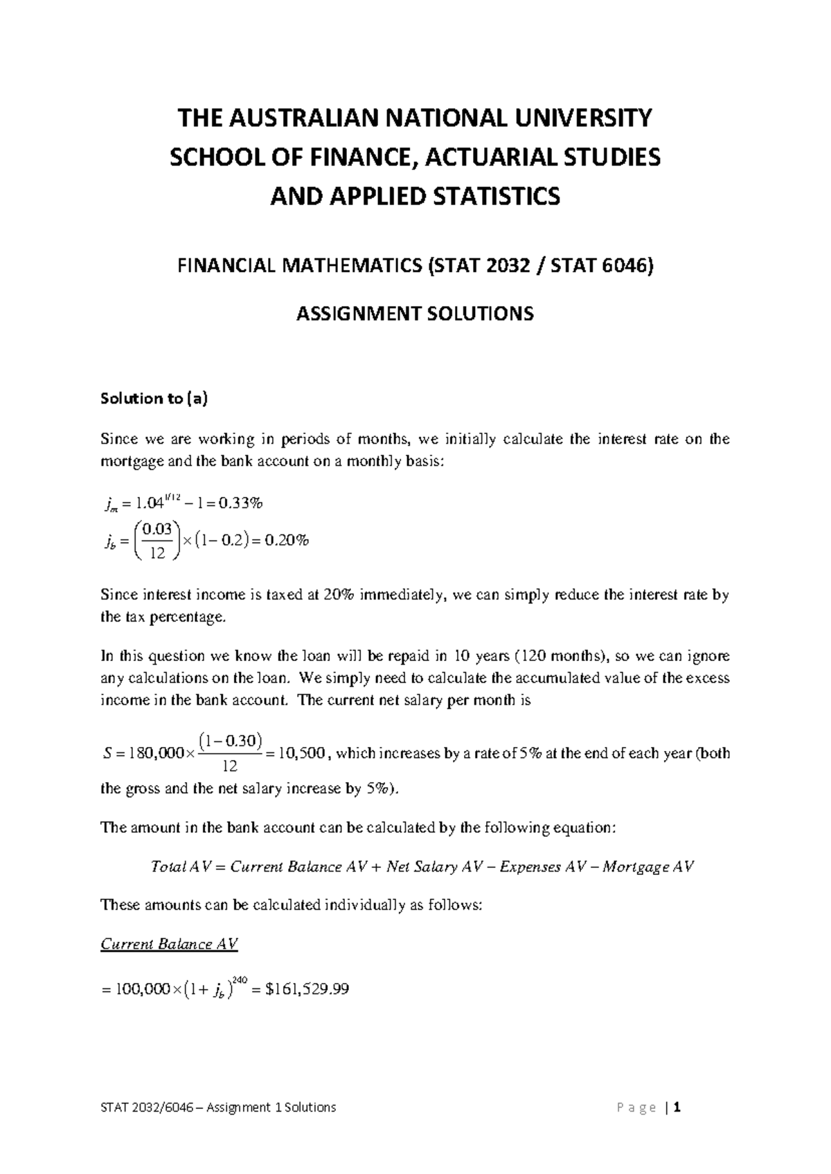 STAT 2032 STAT 6046 Financial Mathematics Assignment 1 Solutions - Studocu