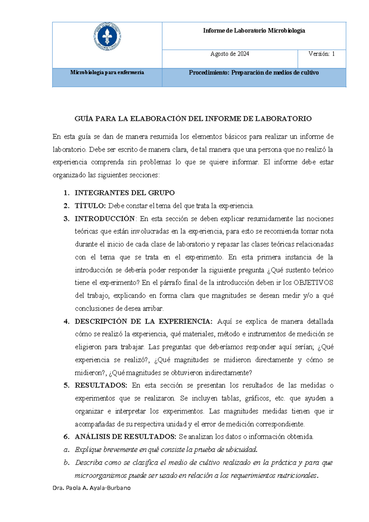 Guía para el Informe de Lab: Medios de Cultivo y Ubiquidad ...
