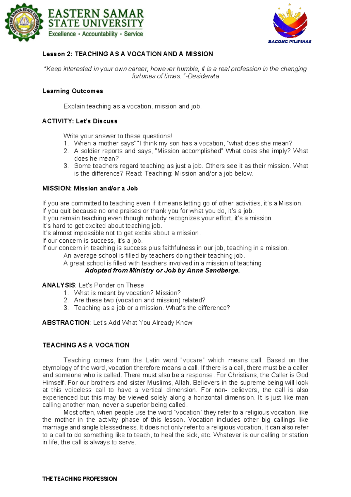 Lesson 2: Teaching as a Vocation and Mission (EDU 101) - Studocu