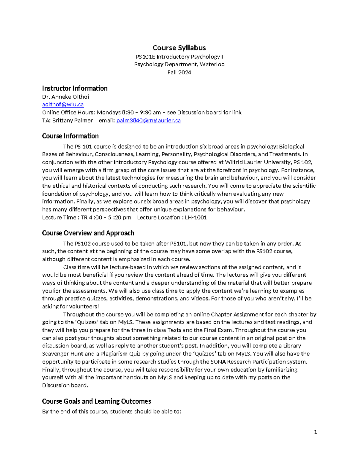 PS101E Introductory Psychology I Course Syllabus - Fall 2024 - Studocu
