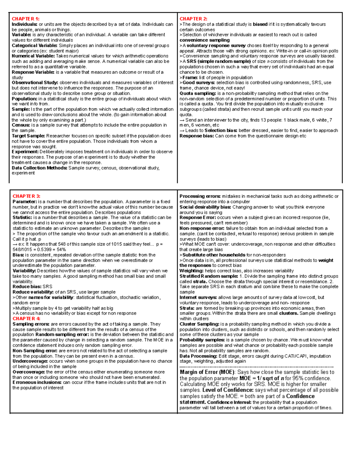 STAT 100 Midterm 1 Cheat Sheet sfu - CHAPTER 1: Individuals: or units ...