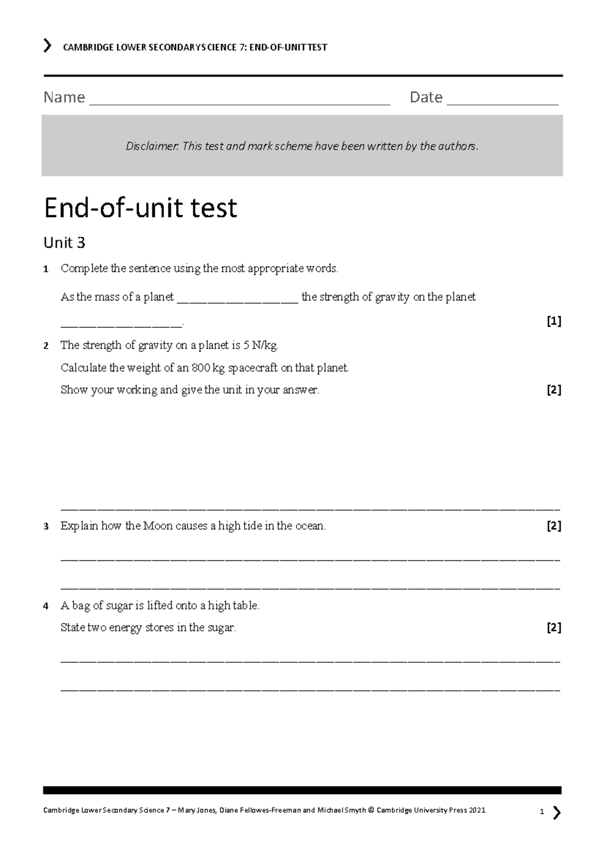 CAMBRIDGE LOWER SECONDARY SCIENCE 7: UNIT 3 TEST & MARK SCHEME - Studocu