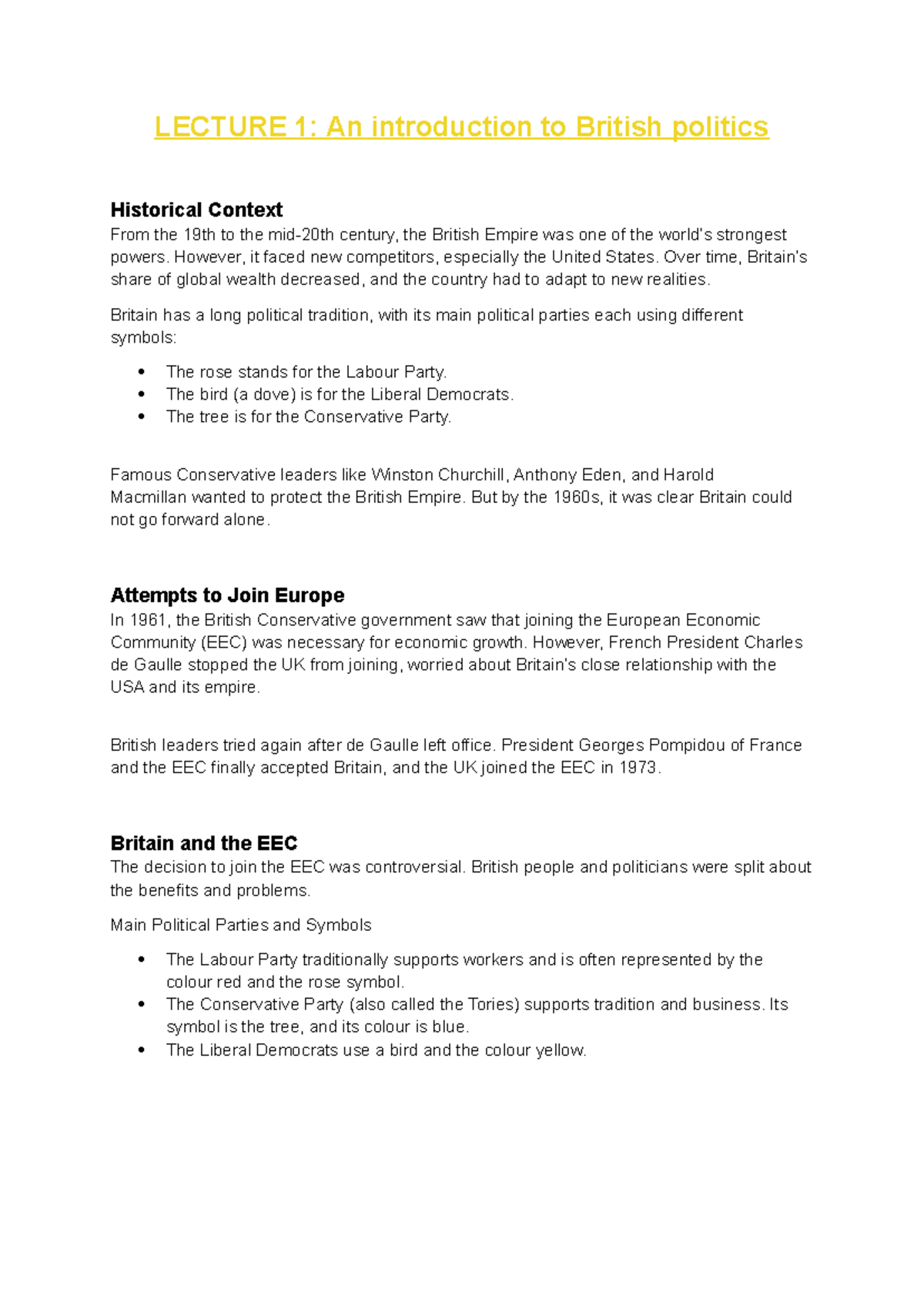 LECTURE 1: Introduction to British Politics and EEC - Studocu