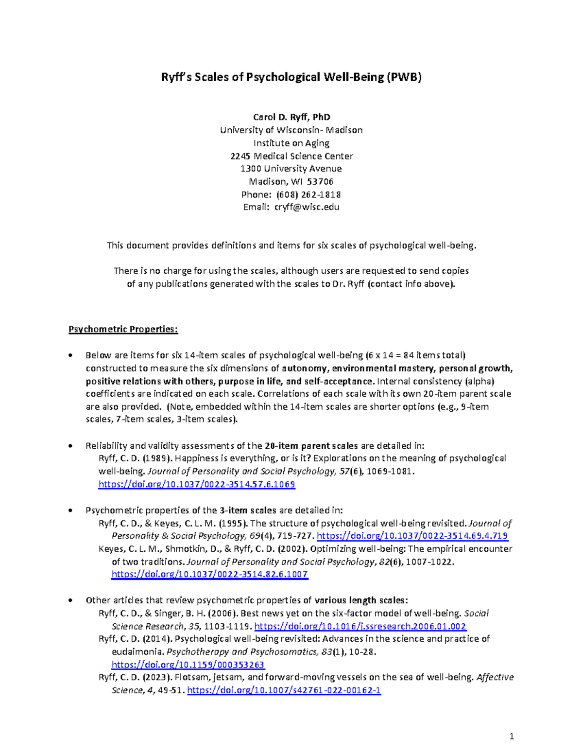 Ryff's Psychological Well-Being (PWB) Scales: 84 Item Overview - Studocu