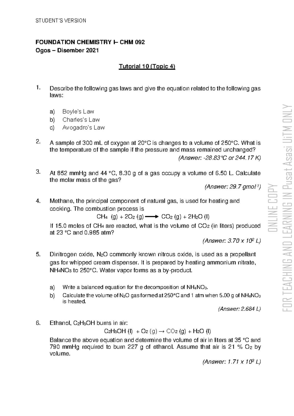 [CHM 092] Topic 4 Tutorials: Gas Laws & Related Calculations - Studocu