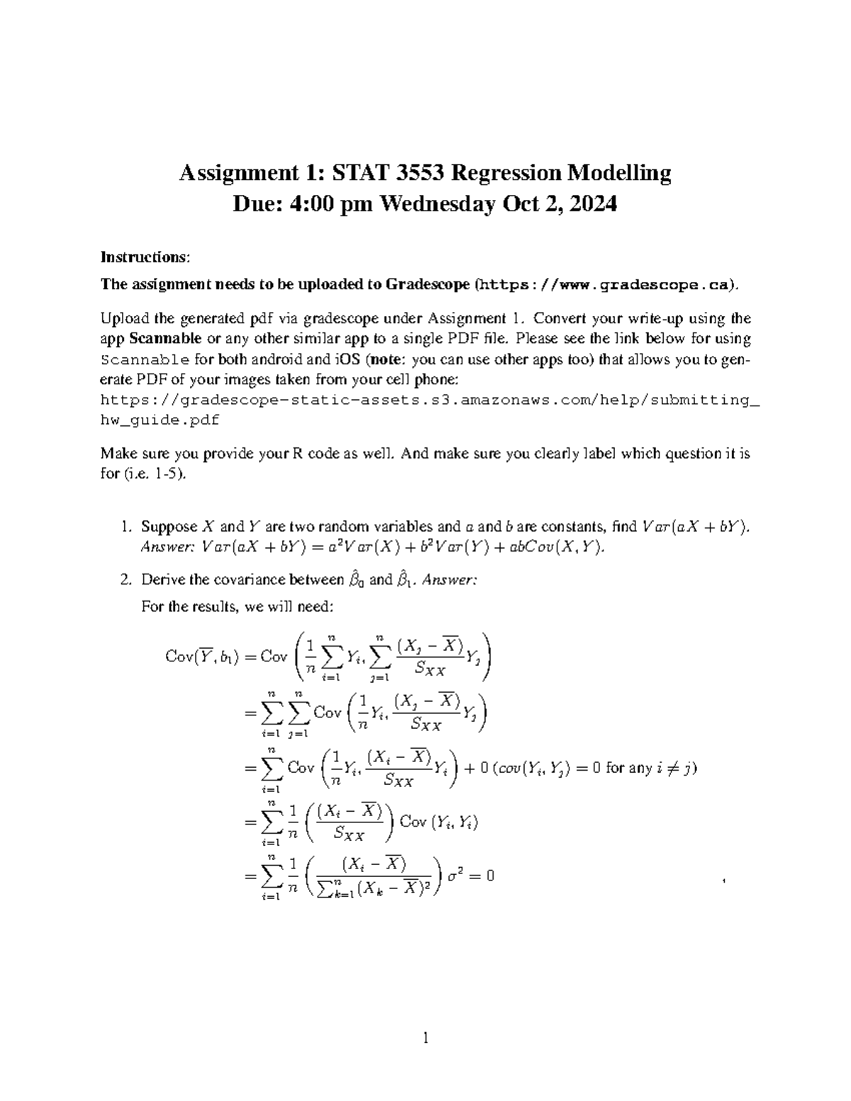 Solution Assignment 1 - Assignment 1: STAT 3553 Regression Modelling ...
