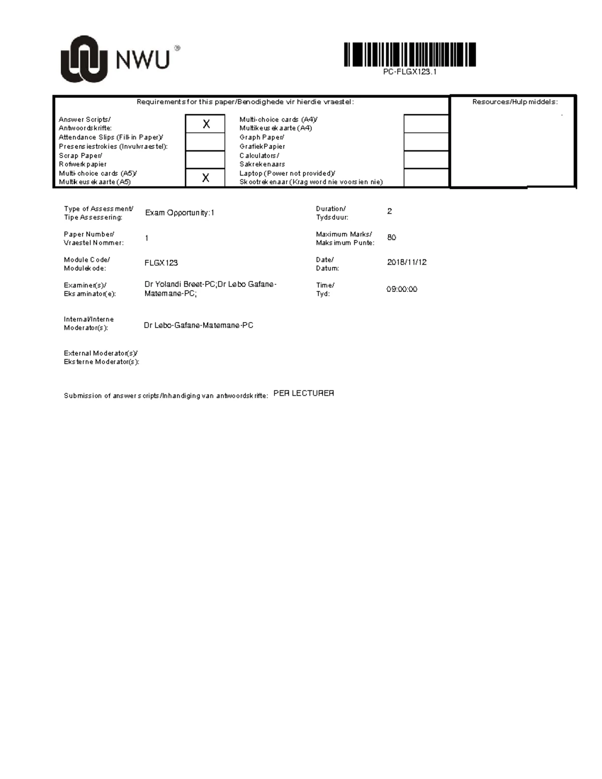 NCHE 212 Klastoets 1 / Class Test 1 Memo and Solutions - Studocu