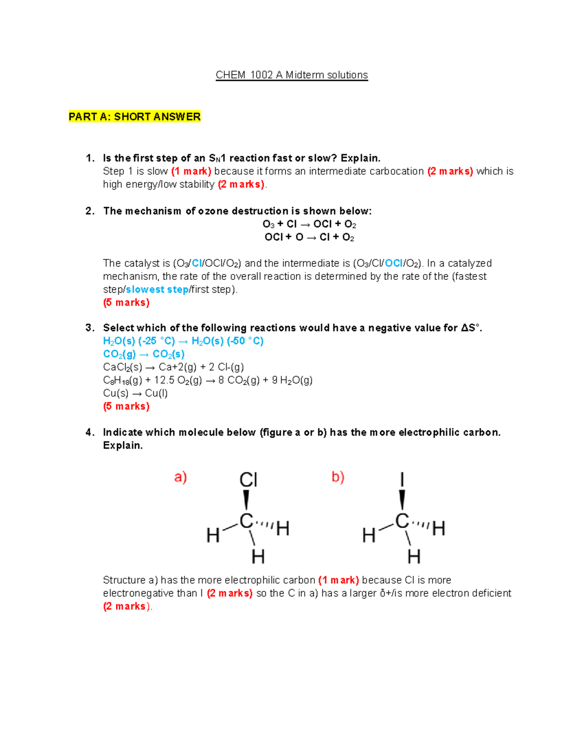CHEM 1002 A Midterm Solutions: Detailed Answers and Explanations - Studocu