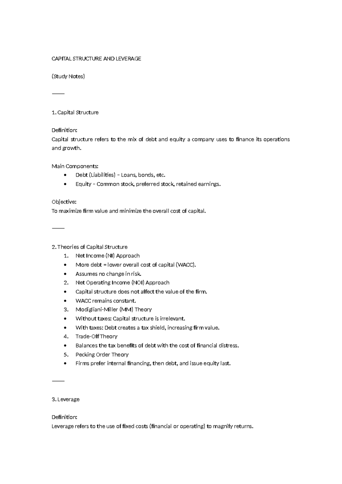 CAPITAL STRUCTURE AND LEVERAGE (Study Notes) - Key Concepts Explained ...