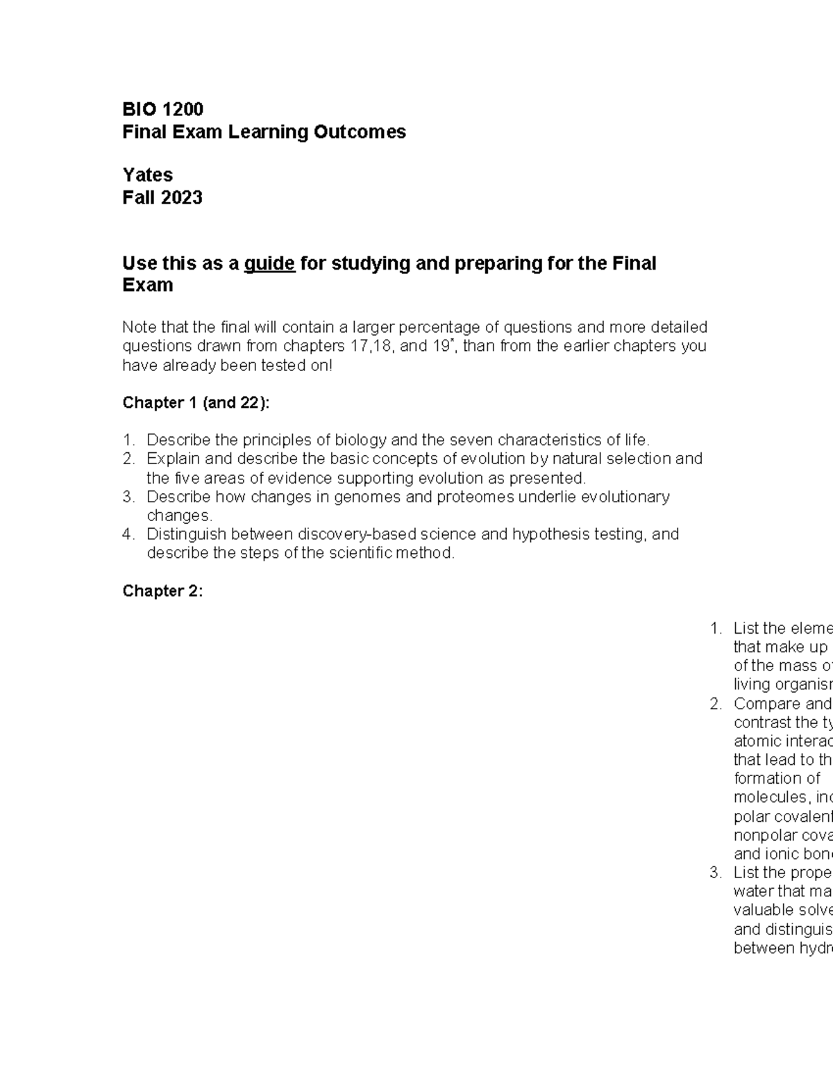 BIO 1200 Final Exam Study Guide & Key Concepts Outline F23 - Studocu