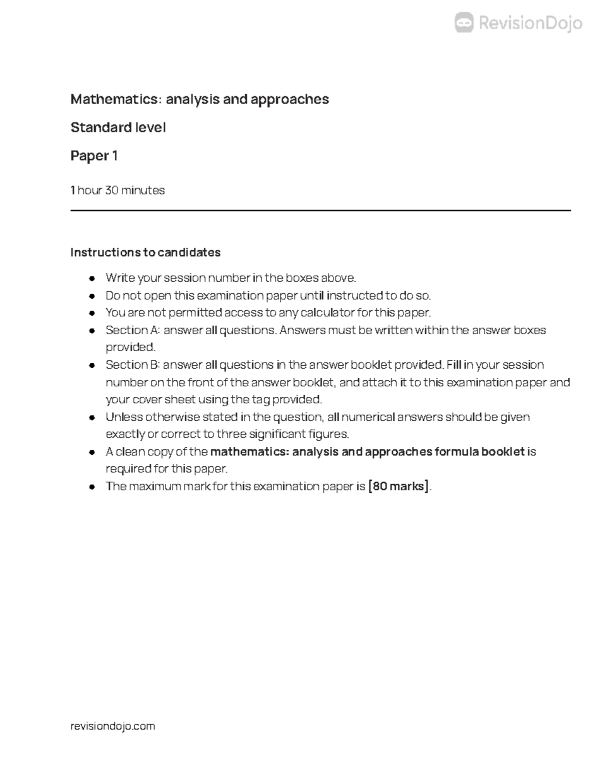 Math AA SL Predicted Paper 1: Standard Exam Instructions and Questions ...