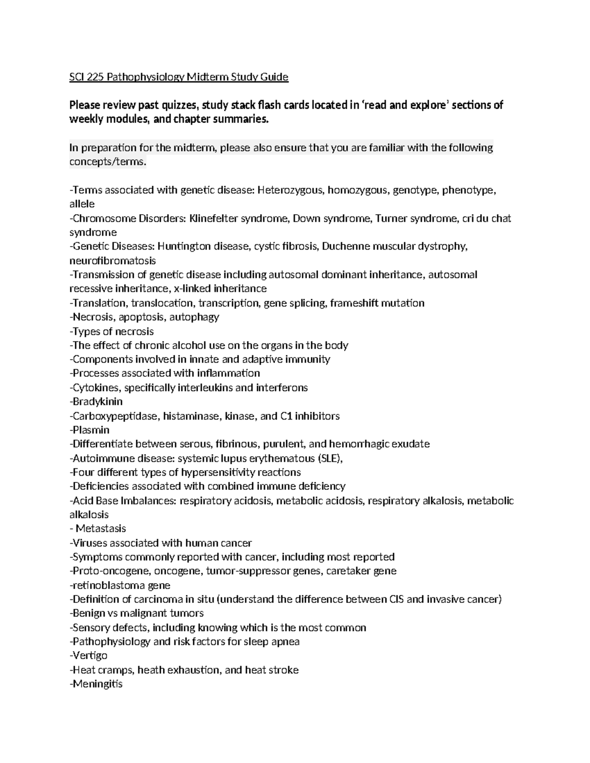 SCI 225 Pathophysiology Midterm Study Guide Fall 2022 Review Notes ...
