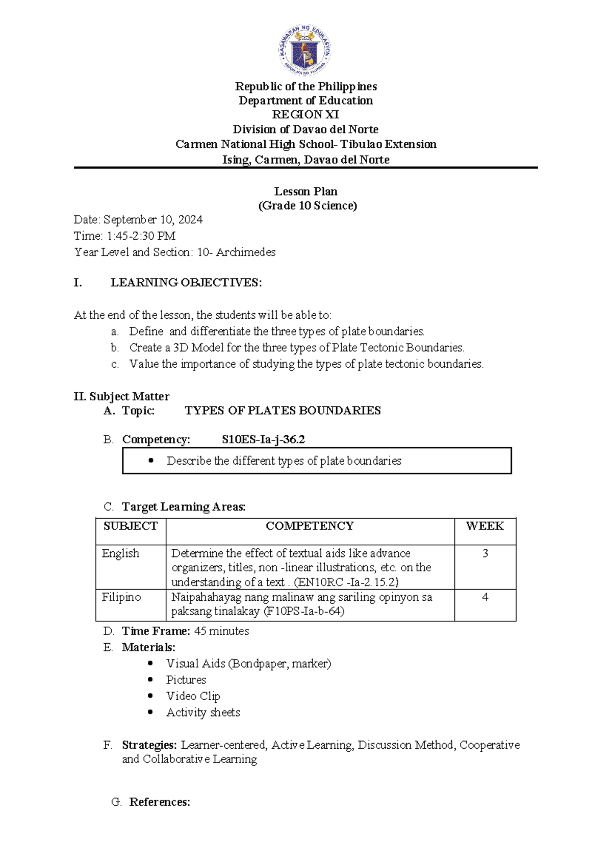 COT 1 SEPT 2024 - lesson plan - Republic of the Philippines Department ...