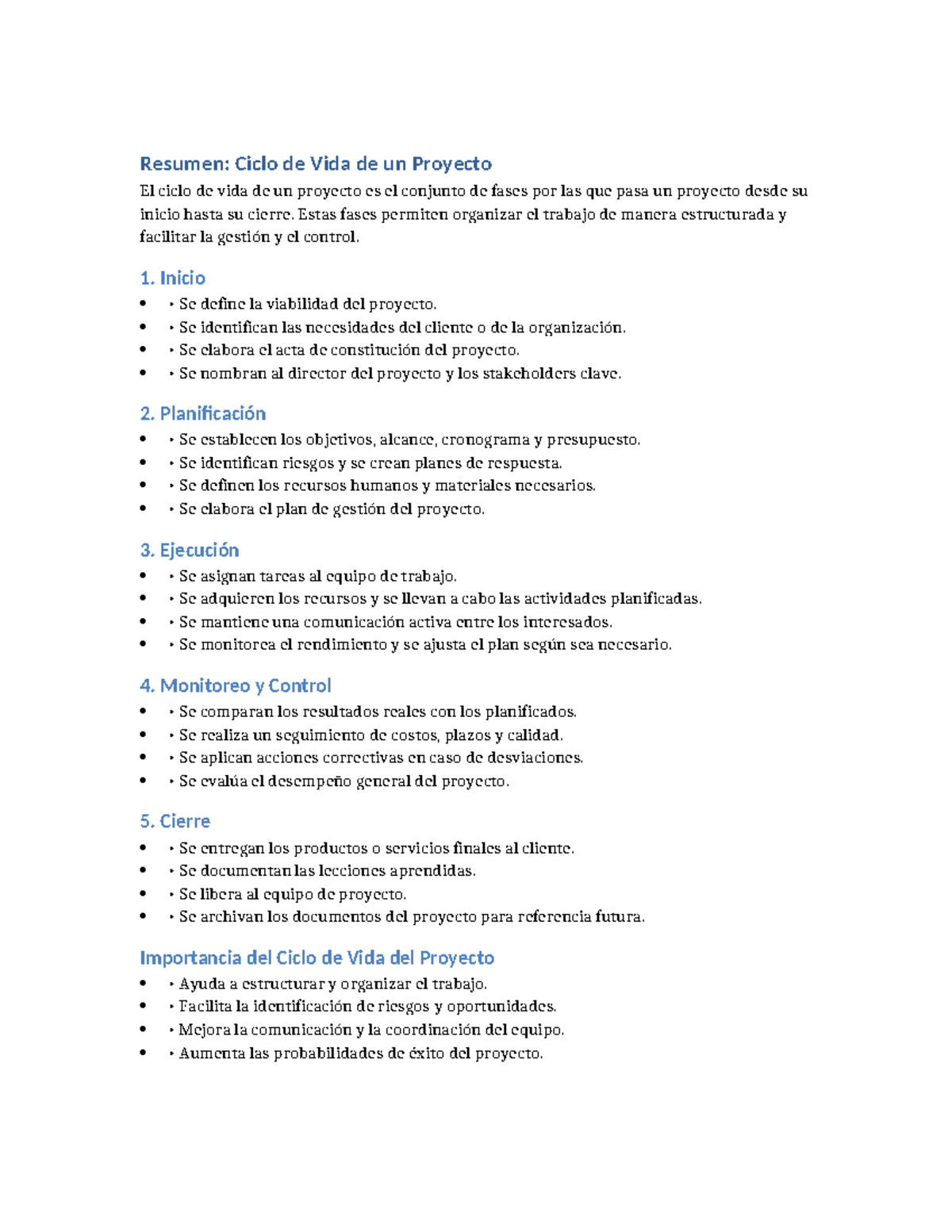 Resumen: Ciclo de Vida de un Proyecto - Fases y Importancia - Studocu