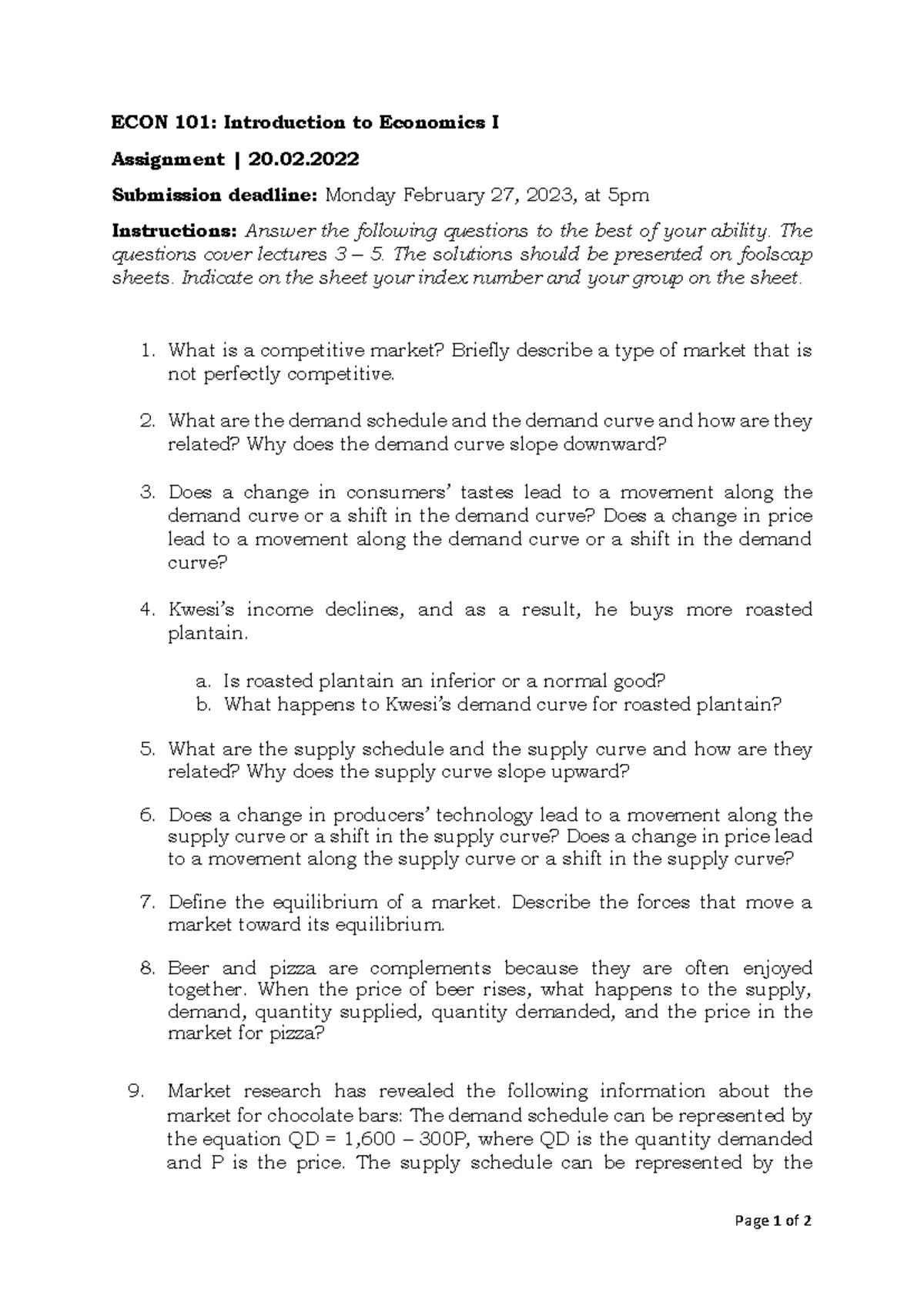 ECON 101 Practice Questions from Lectures 3 to 5 Overview - Studocu