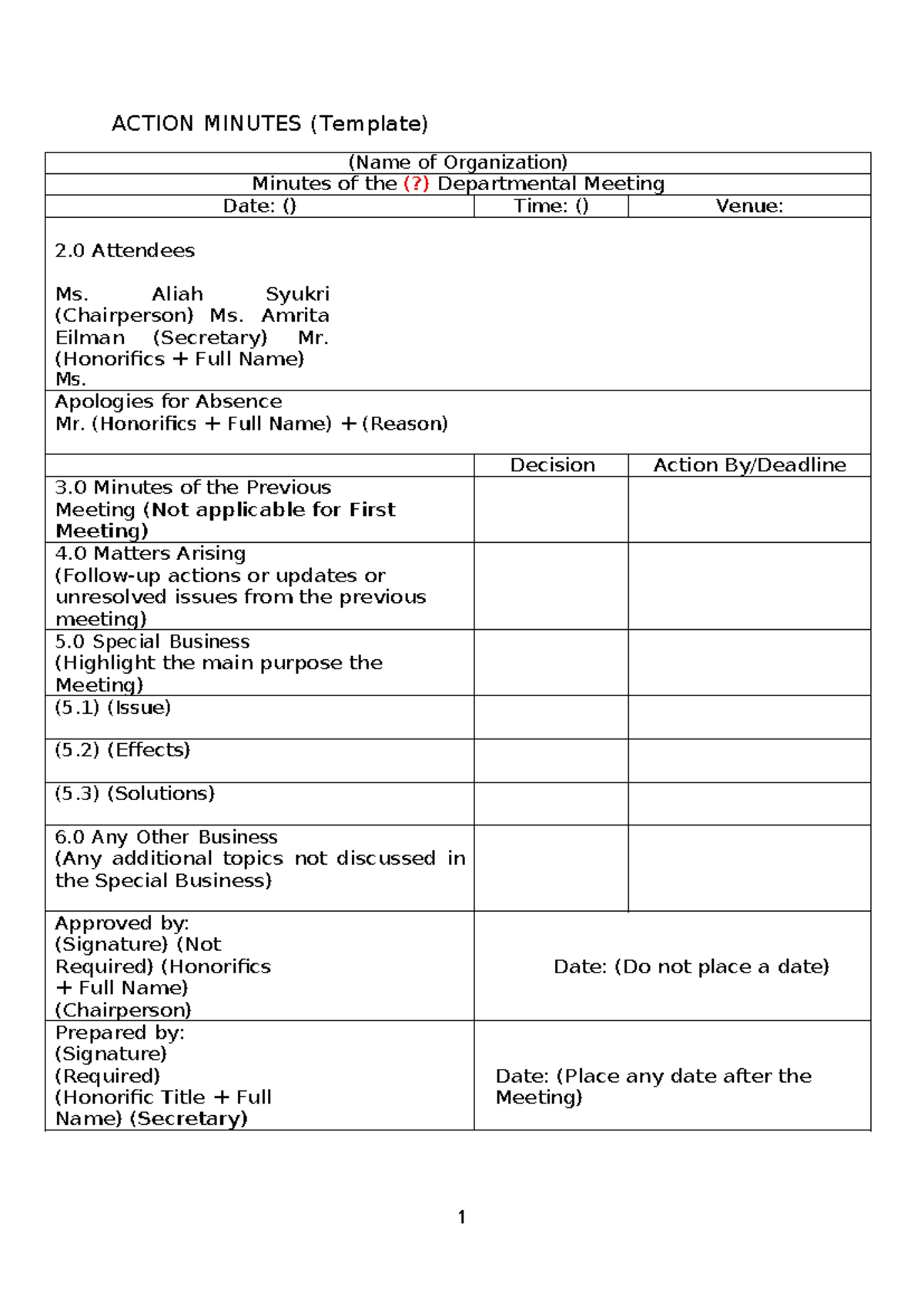 Action Minutes Template for Departmental Meetings - Studocu