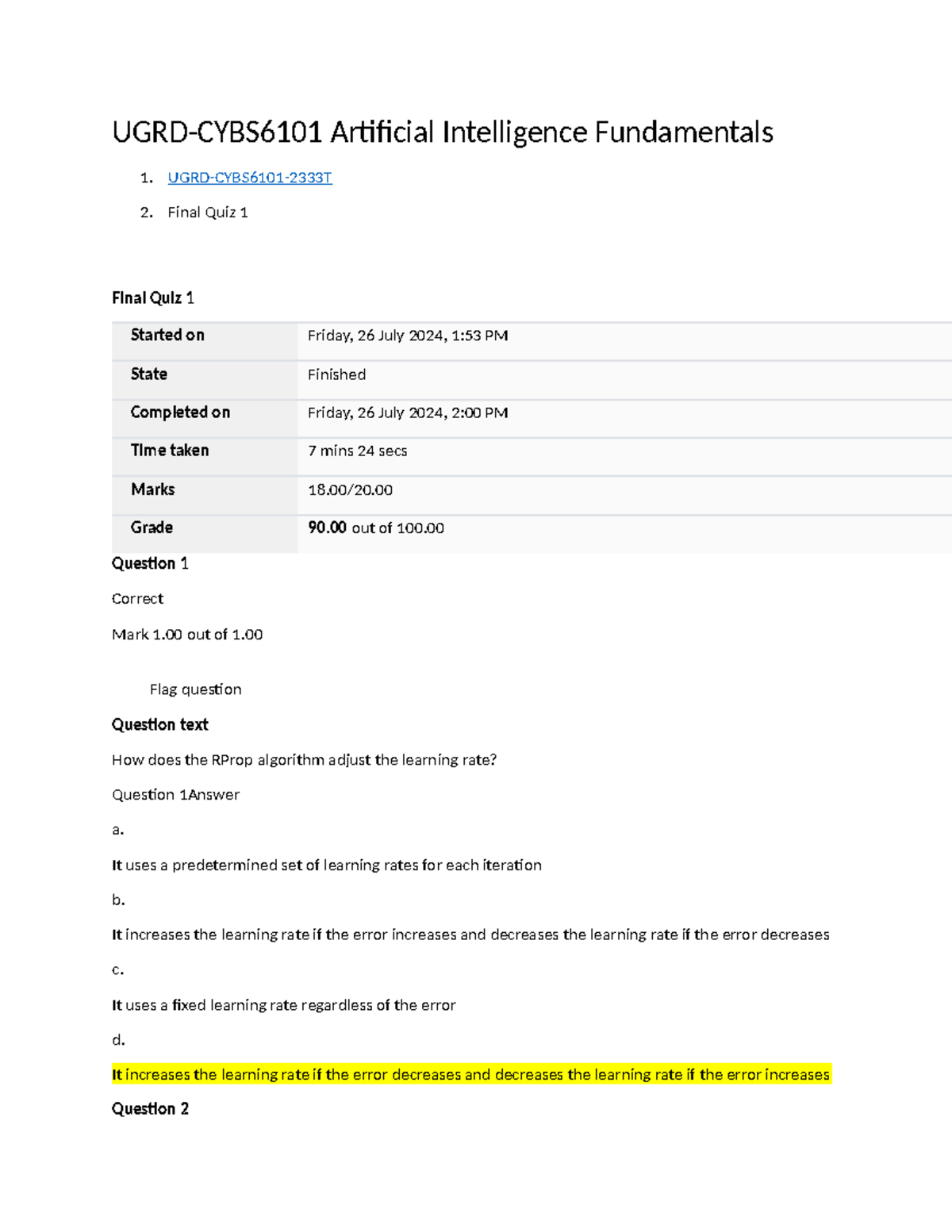 UGRD-CYBS6101 AI Fundamentals Final Quiz 1 & Lab Performance Report ...