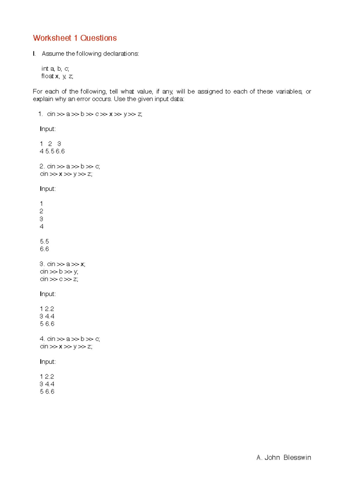 Worksheet 1 IO Questions - Worksheet 1 Questions I. Assume the ...