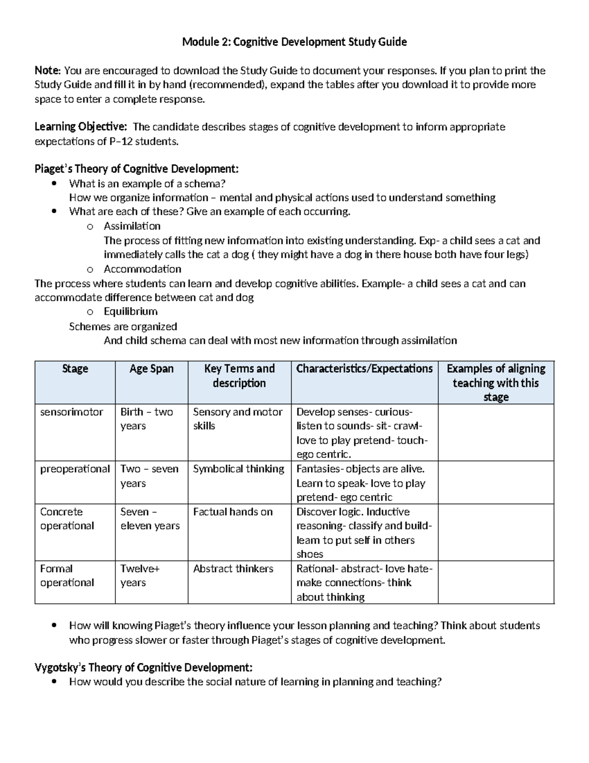 D094 D307 Module 2 Cognitive Development Study Guide - Studocu