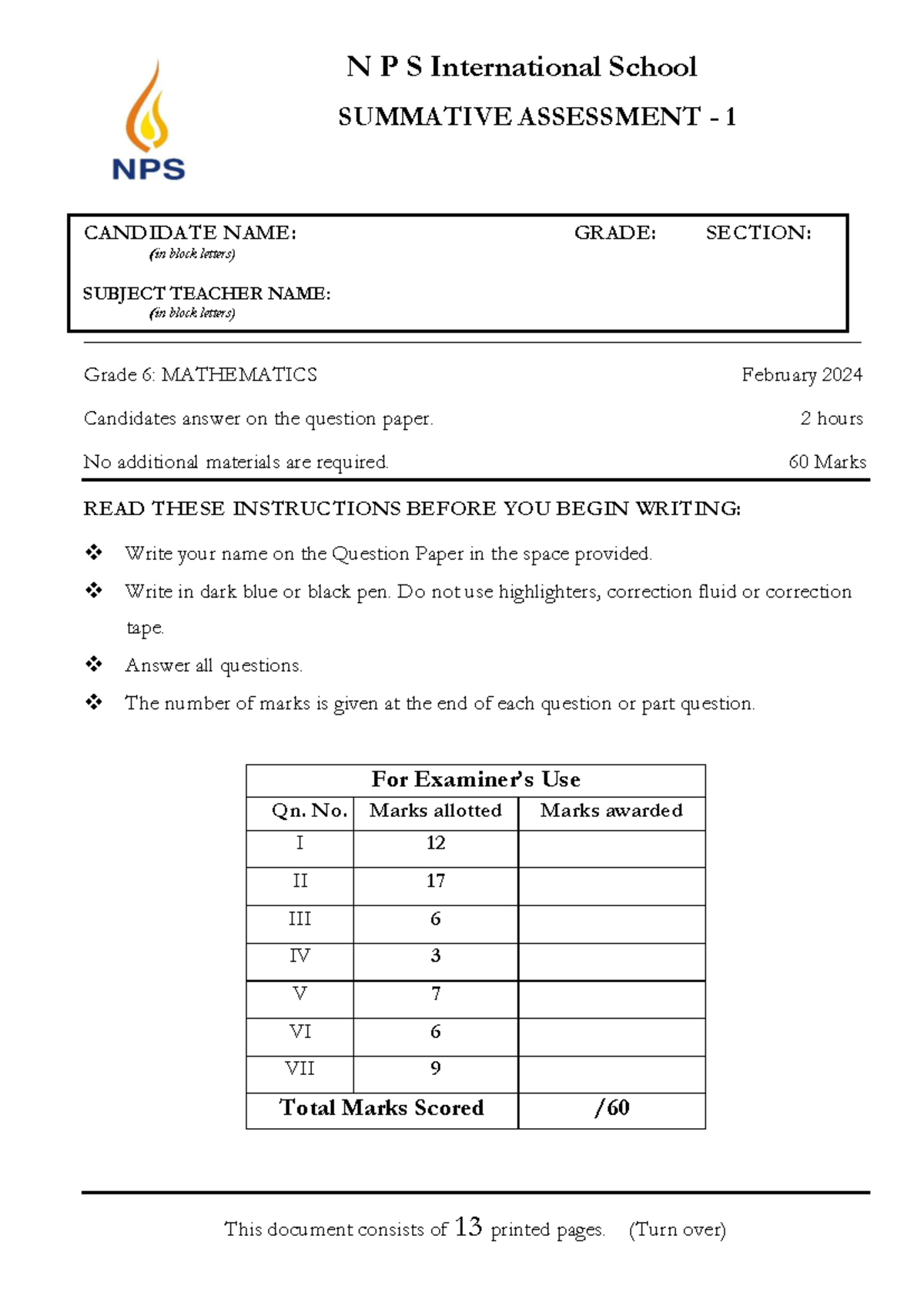 Grade 6 Mathematics Summative Assessment 1 Question Paper Feb 2024 ...