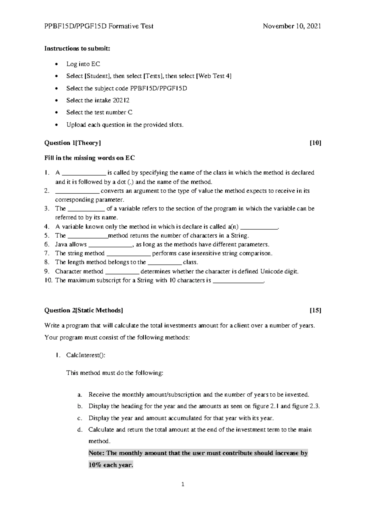 Formative Test A - Semester Test 1 PPA: Java Method Questions - Studocu