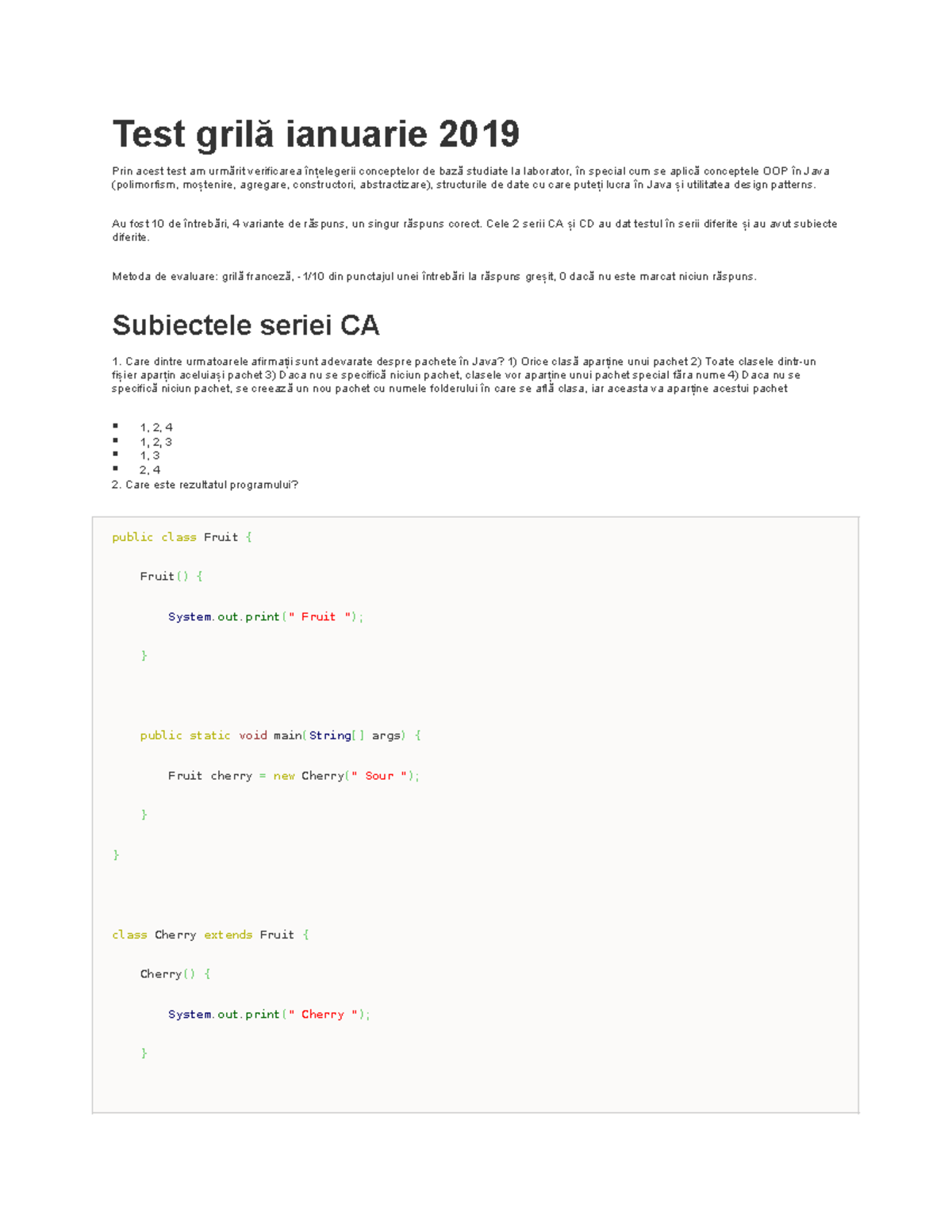 Grilă Test POO 2019: Evaluare OOP Java și Structuri de Date - Studocu