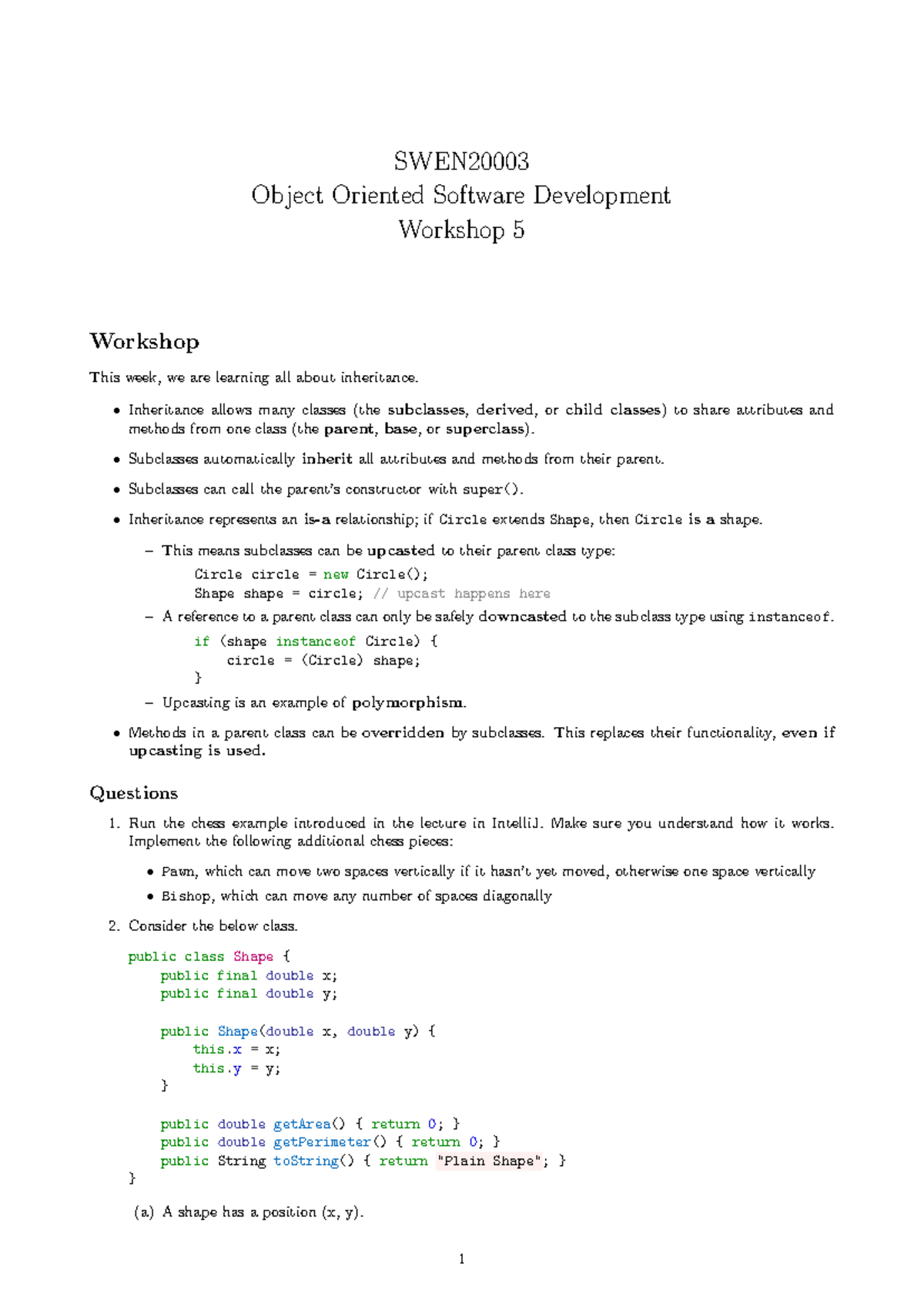 Week6 - SWEN Object Oriented Software Development Workshop 5 Workshop ...
