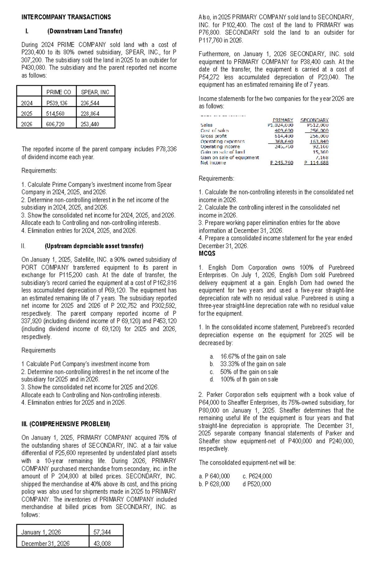 Intercompany Transactions I & II: Comprehensive Problem Analysis - Studocu