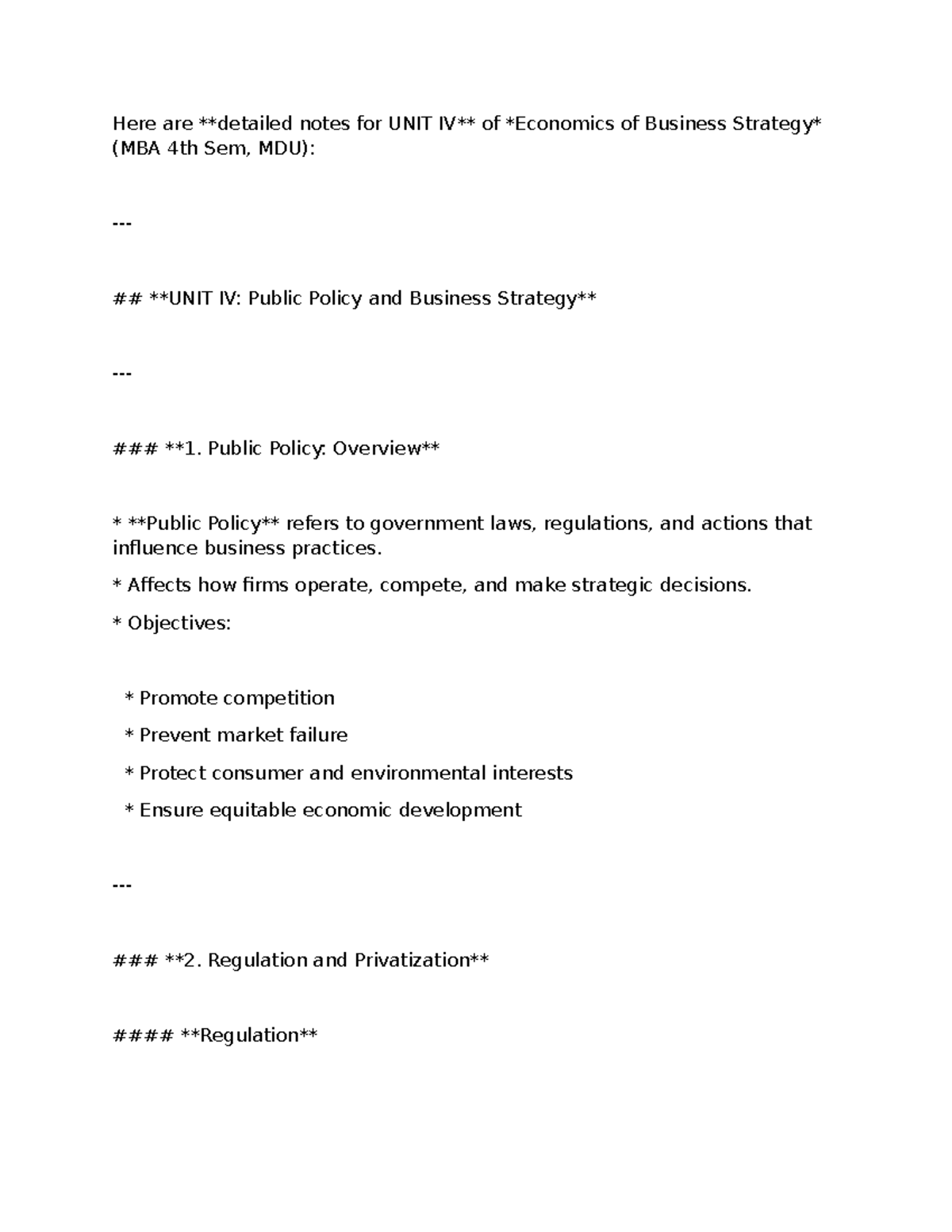 MBA 4th Sem Class Notes: Unit IV - Public Policy & Business Insights ...