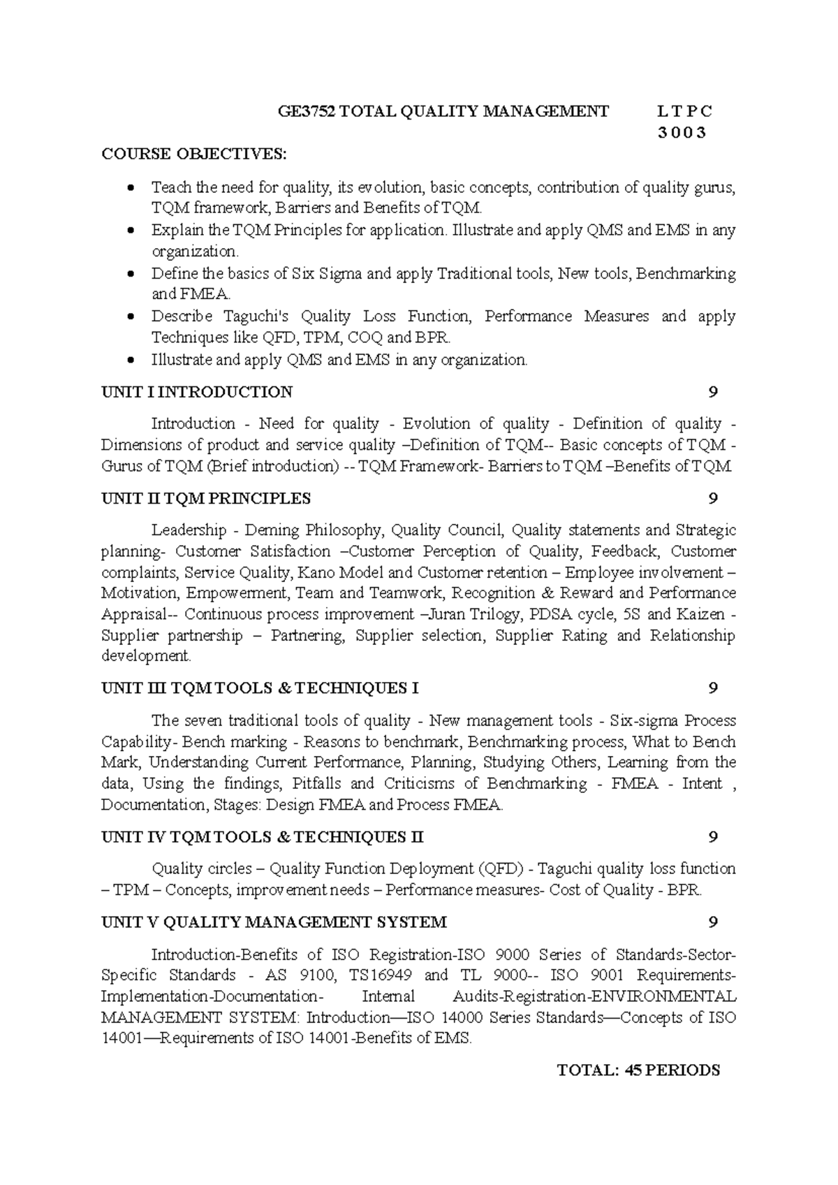 GE3752 Total Quality Management Course Overview and Objectives - Studocu