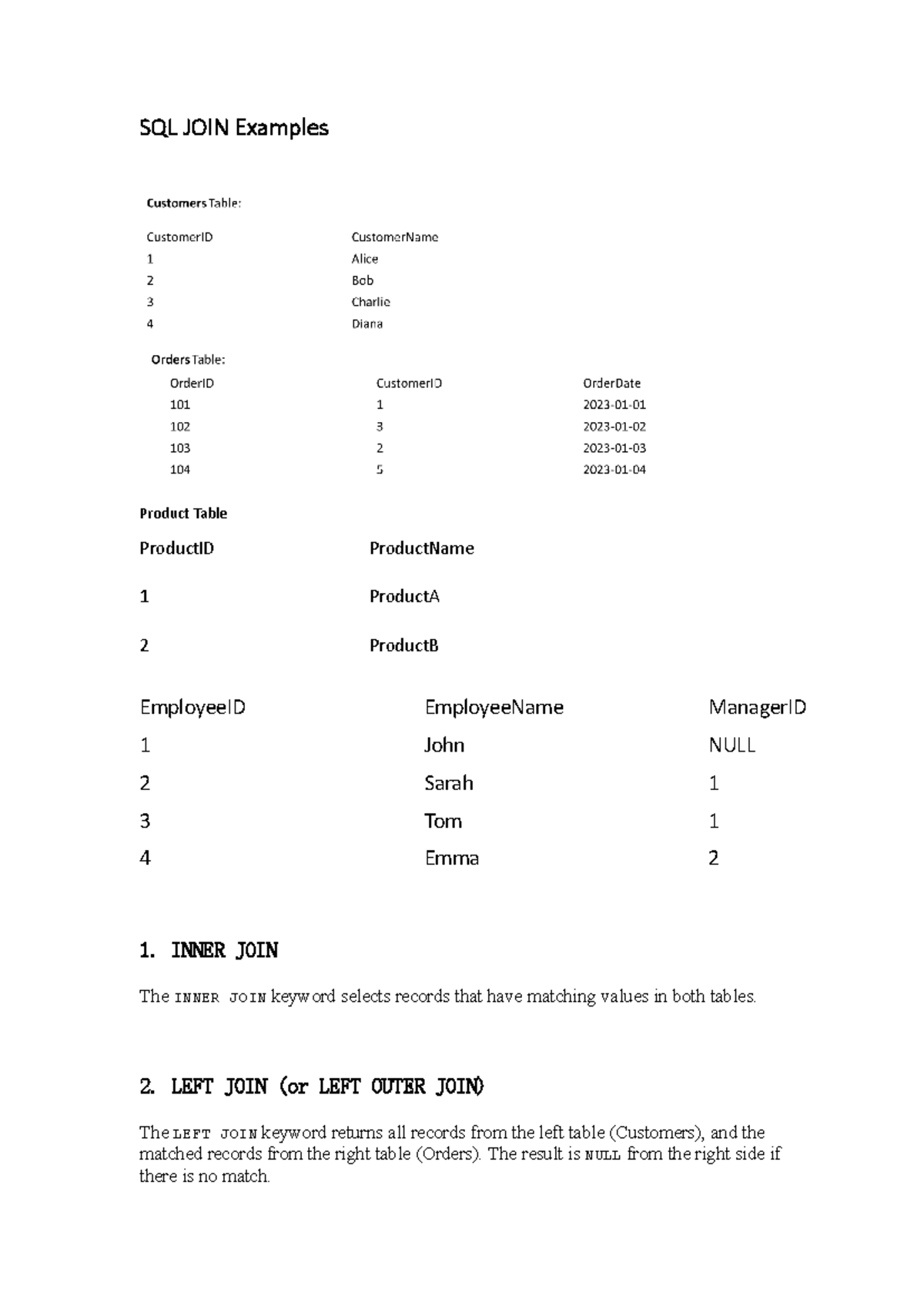 SQL JOIN Examples - bla bla - SQL JOIN Examples Product Table ProductID ...