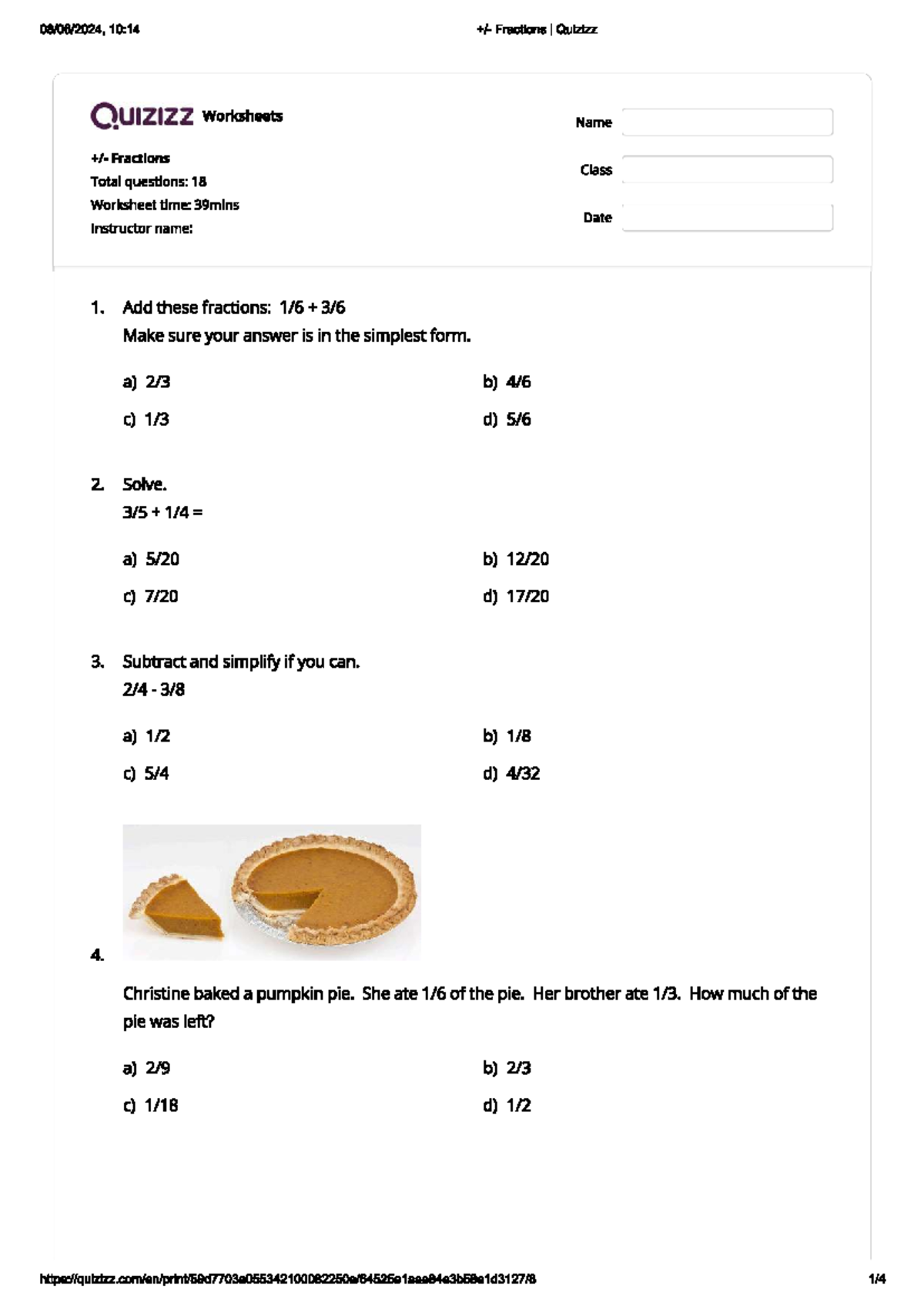 10:14 Fractions I Quizizz Worksheet - Practice Problems - Studocu
