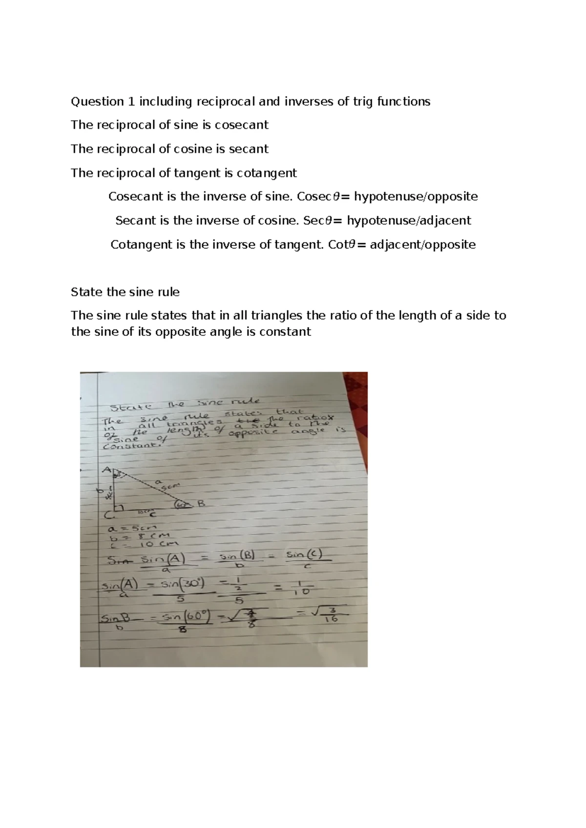 Unit 8 - Trigonometry Assignment Notes - Molly Fitzgerald - Studocu